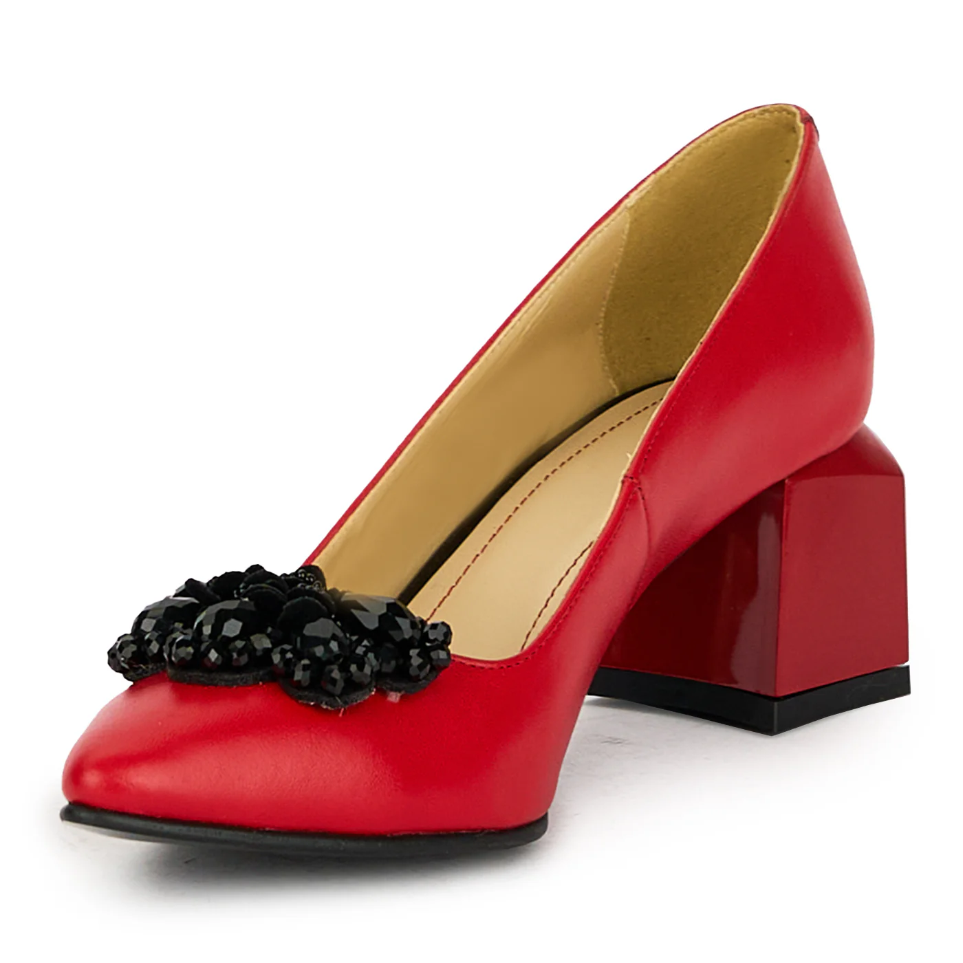 Pantofi dama din piele naturala rosie cu toc gros 17538 - Image 3