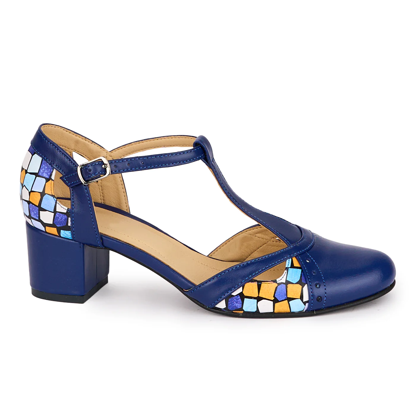 Pantofi dama din piele naturala bleumarin cu toc gros 5 cm 18599