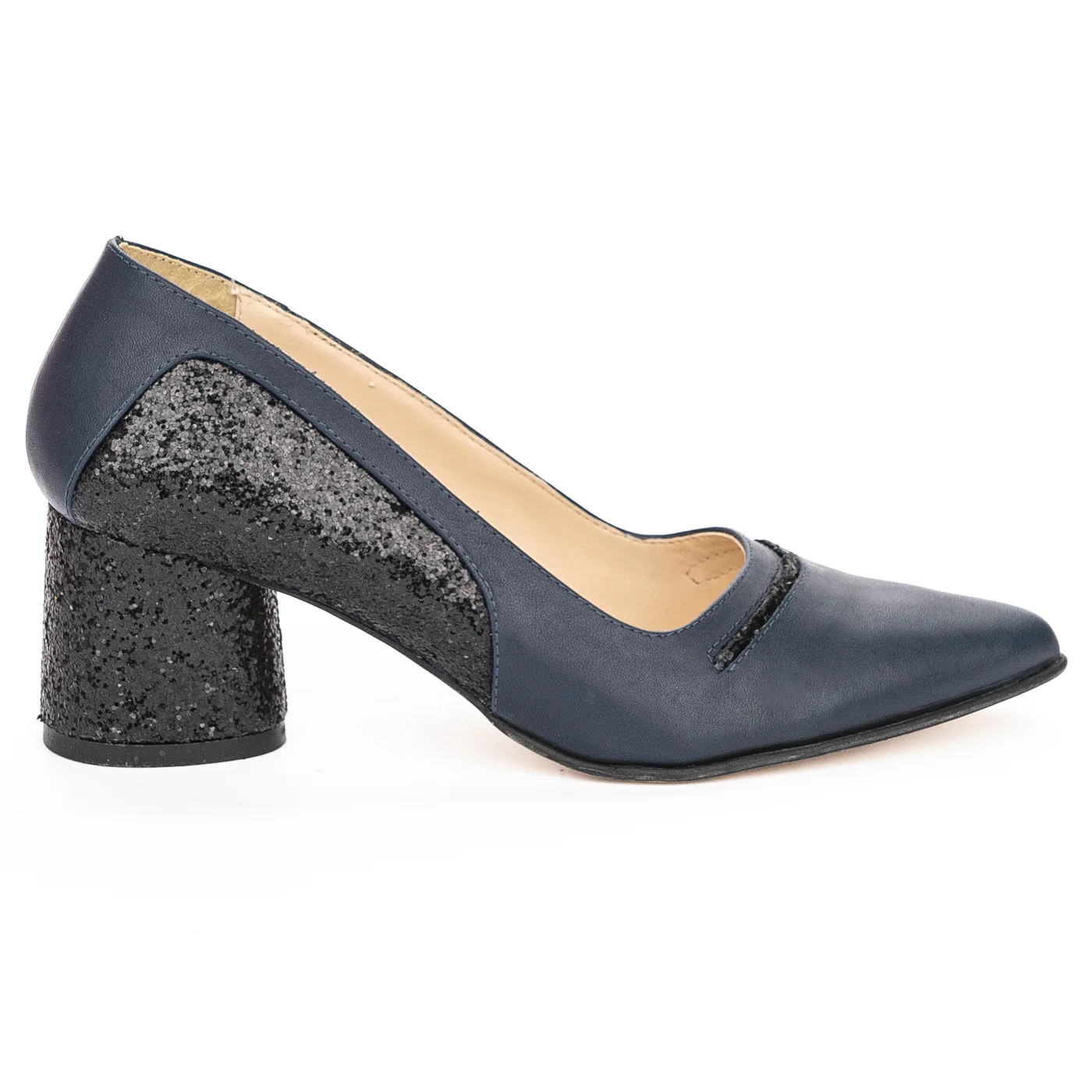 Pantofi dama din piele naturala bleumarin cu toc gros 6 cm 13932