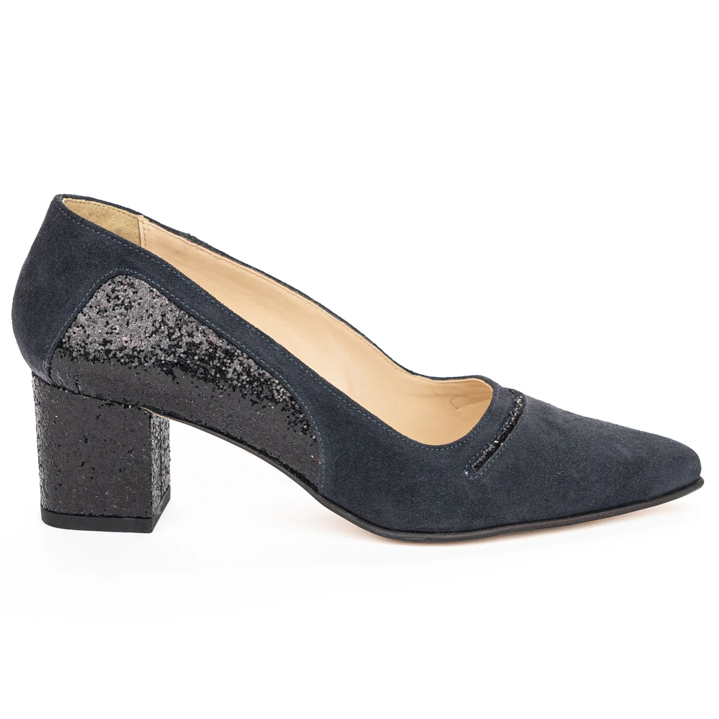 Pantofi dama din piele naturala bleumarin cu toc gros 6 cm 13942