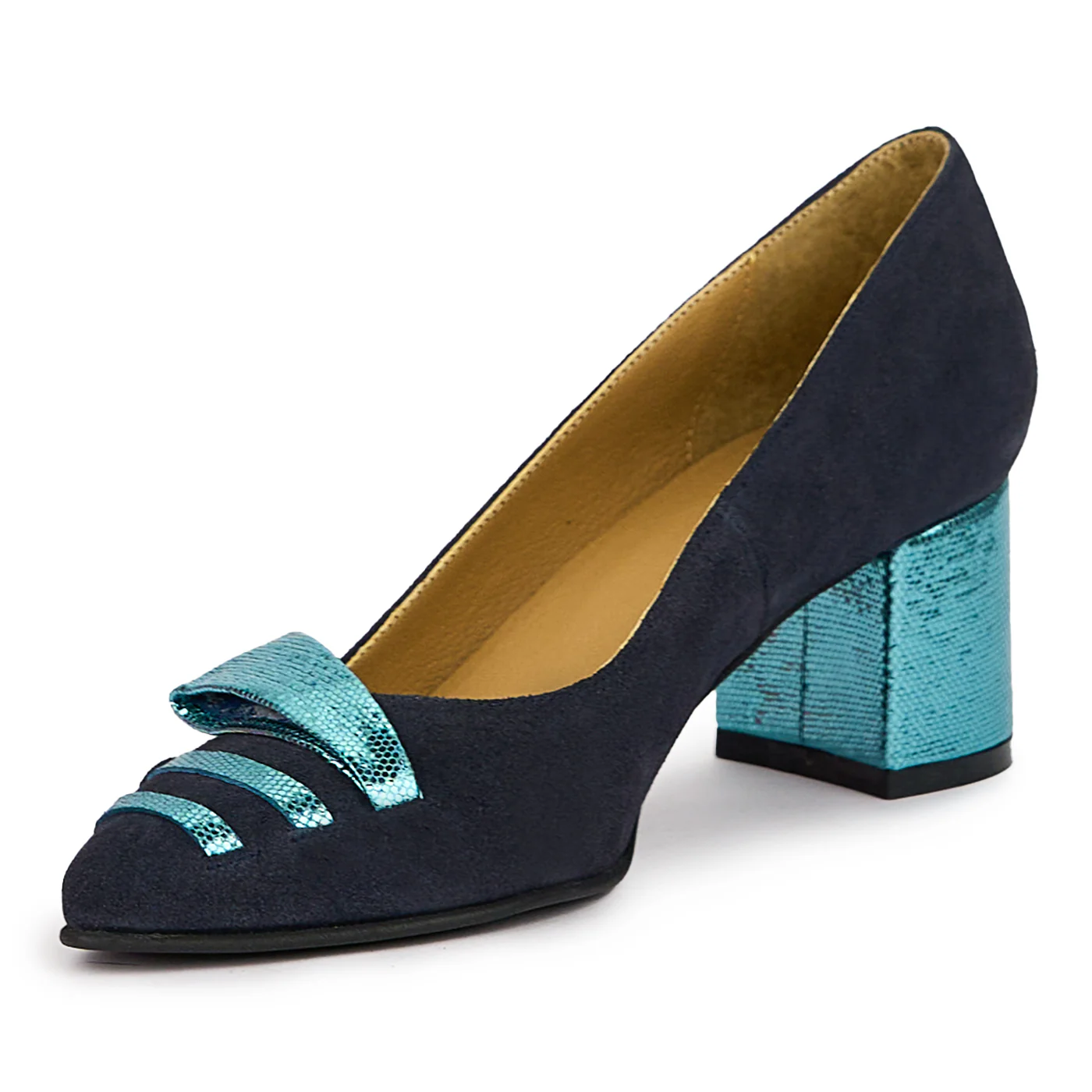 Pantofi dama din piele naturala bleumarin cu toc gros 6 cm 14384 - Image 3