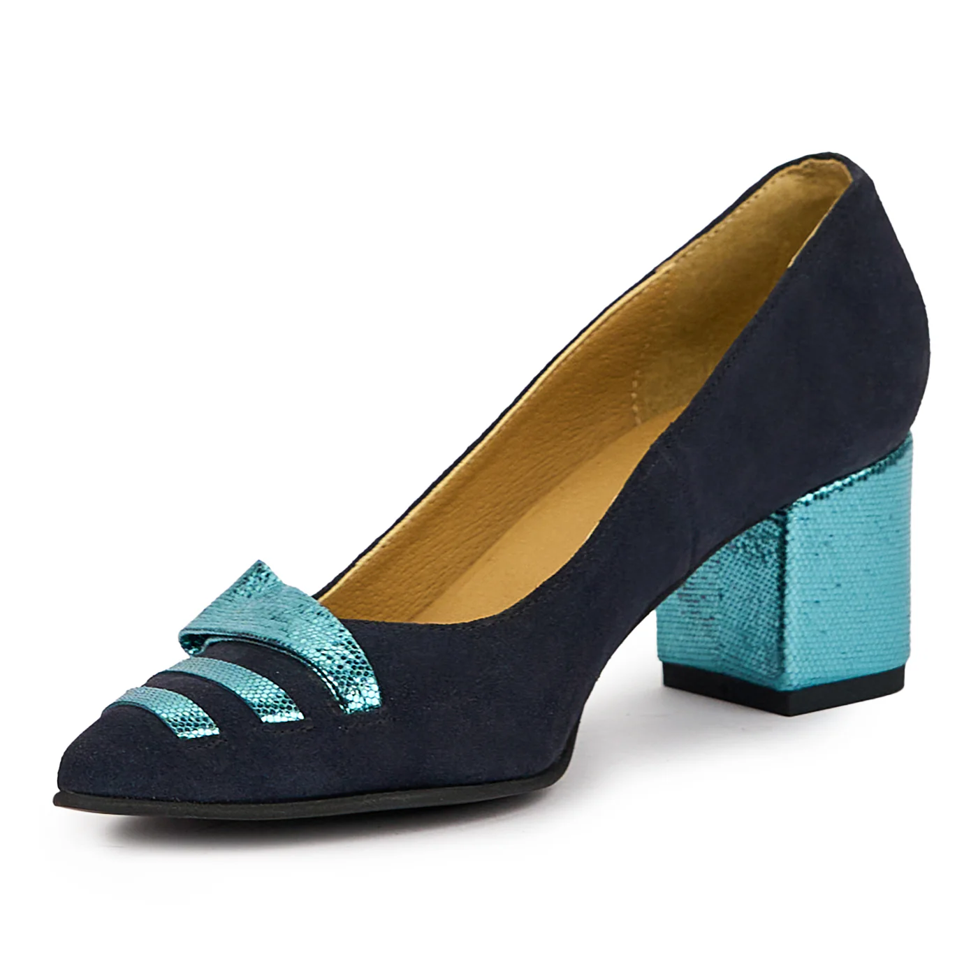 Pantofi dama din piele naturala bleumarin cu toc gros 6 cm 14425 - Image 3
