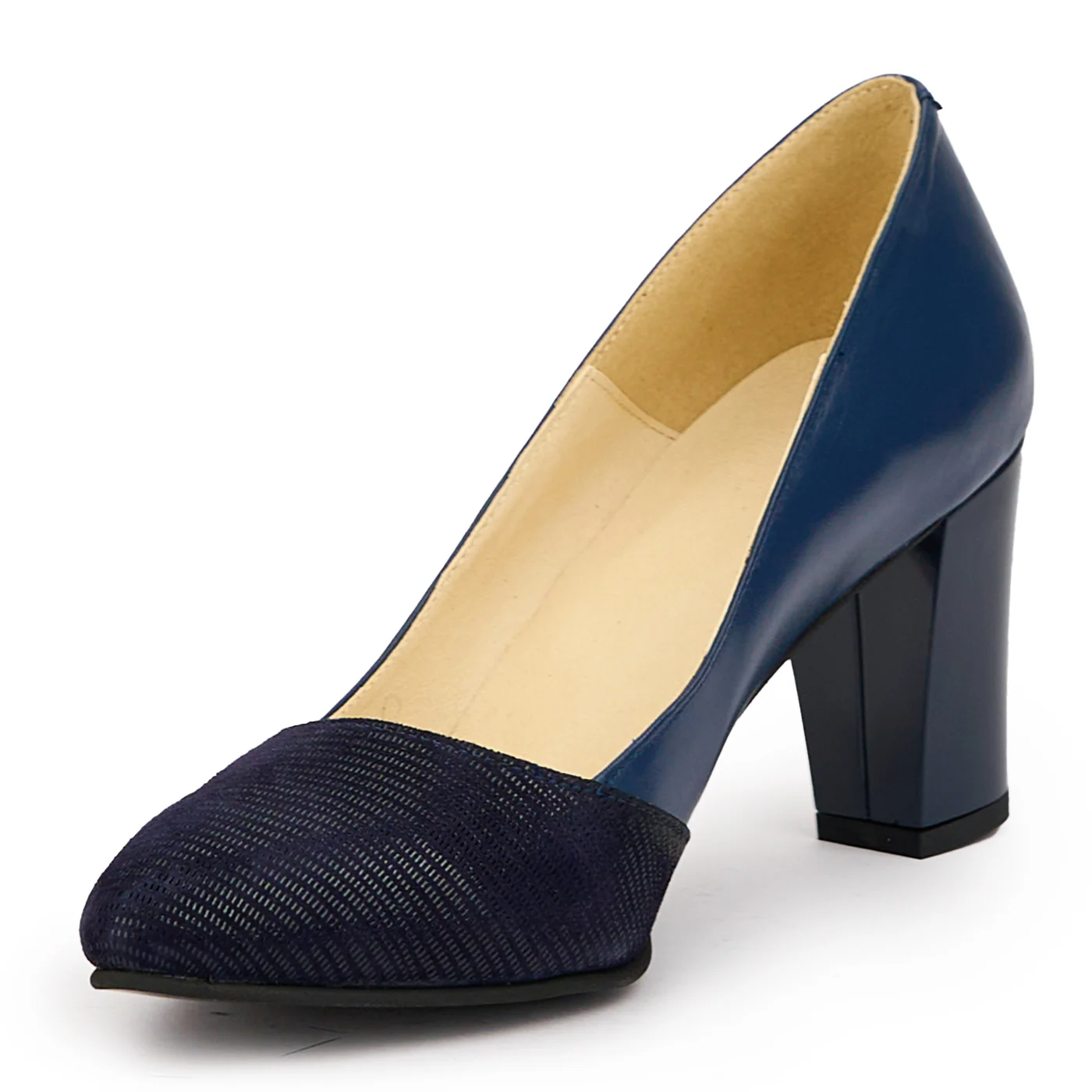 Pantofi dama din piele naturala bleumarin cu toc gros 7.5 cm 14537 - Image 3