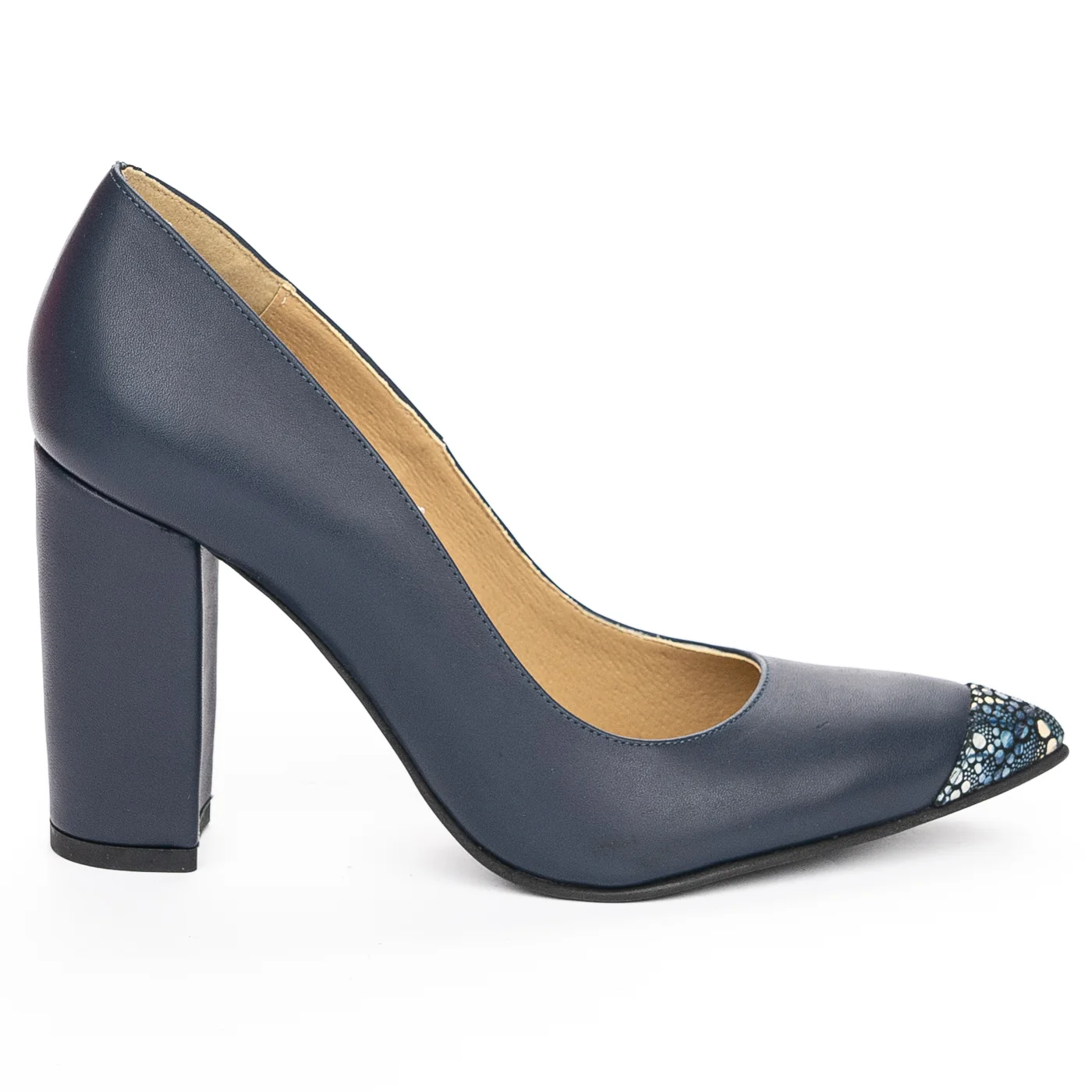 Pantofi dama din piele naturala bleumarin cu toc gros 9.5 cm 13921