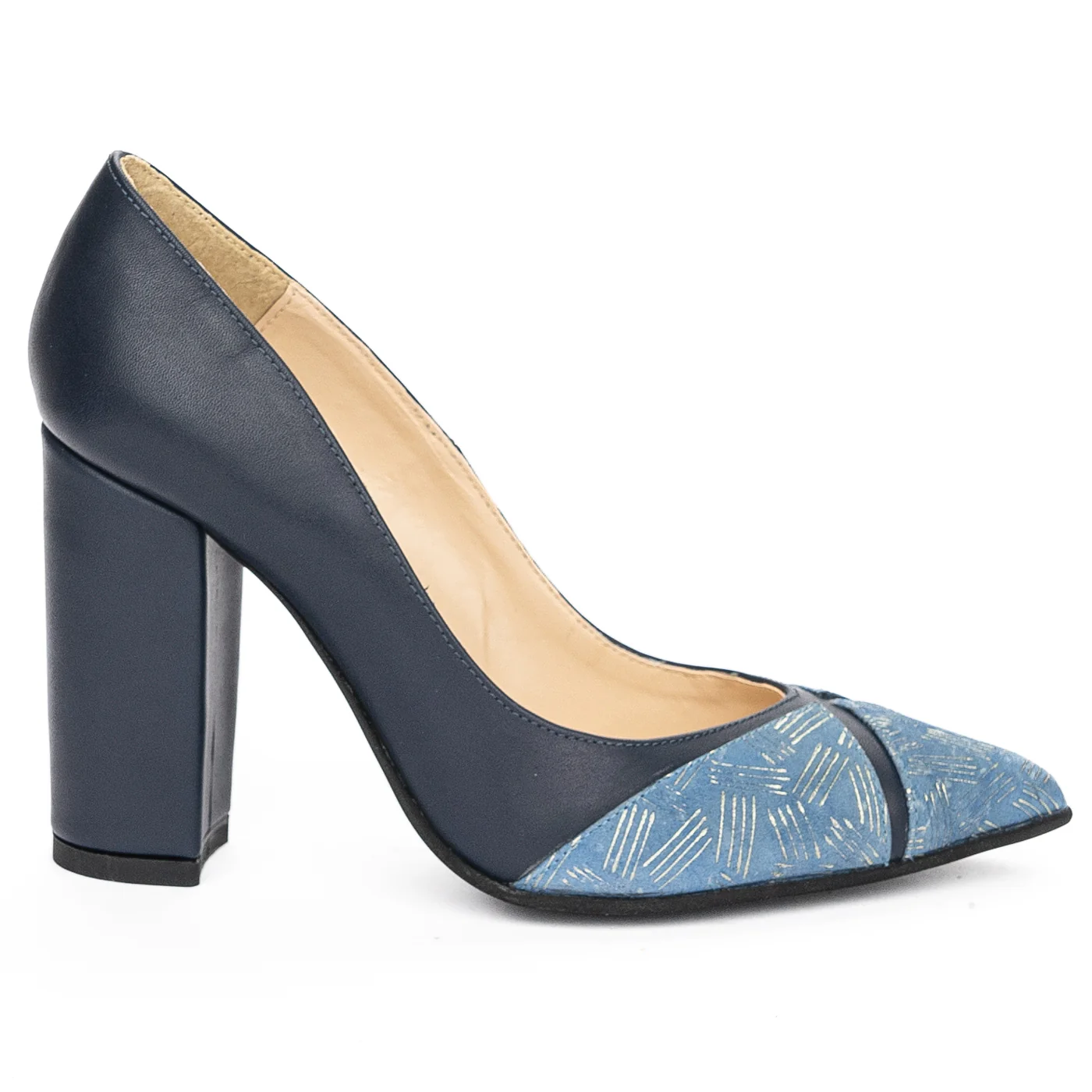 Pantofi dama din piele naturala bleumarin cu toc gros 9.5 cm 13929