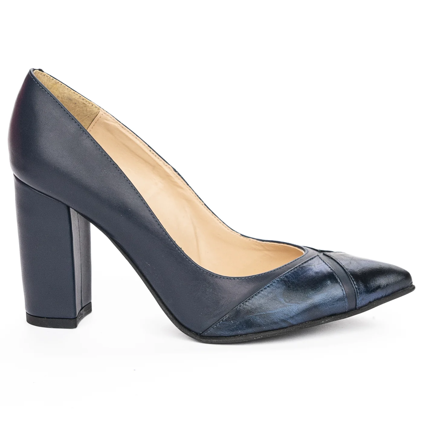Pantofi dama din piele naturala bleumarin cu toc gros 9 cm 13938