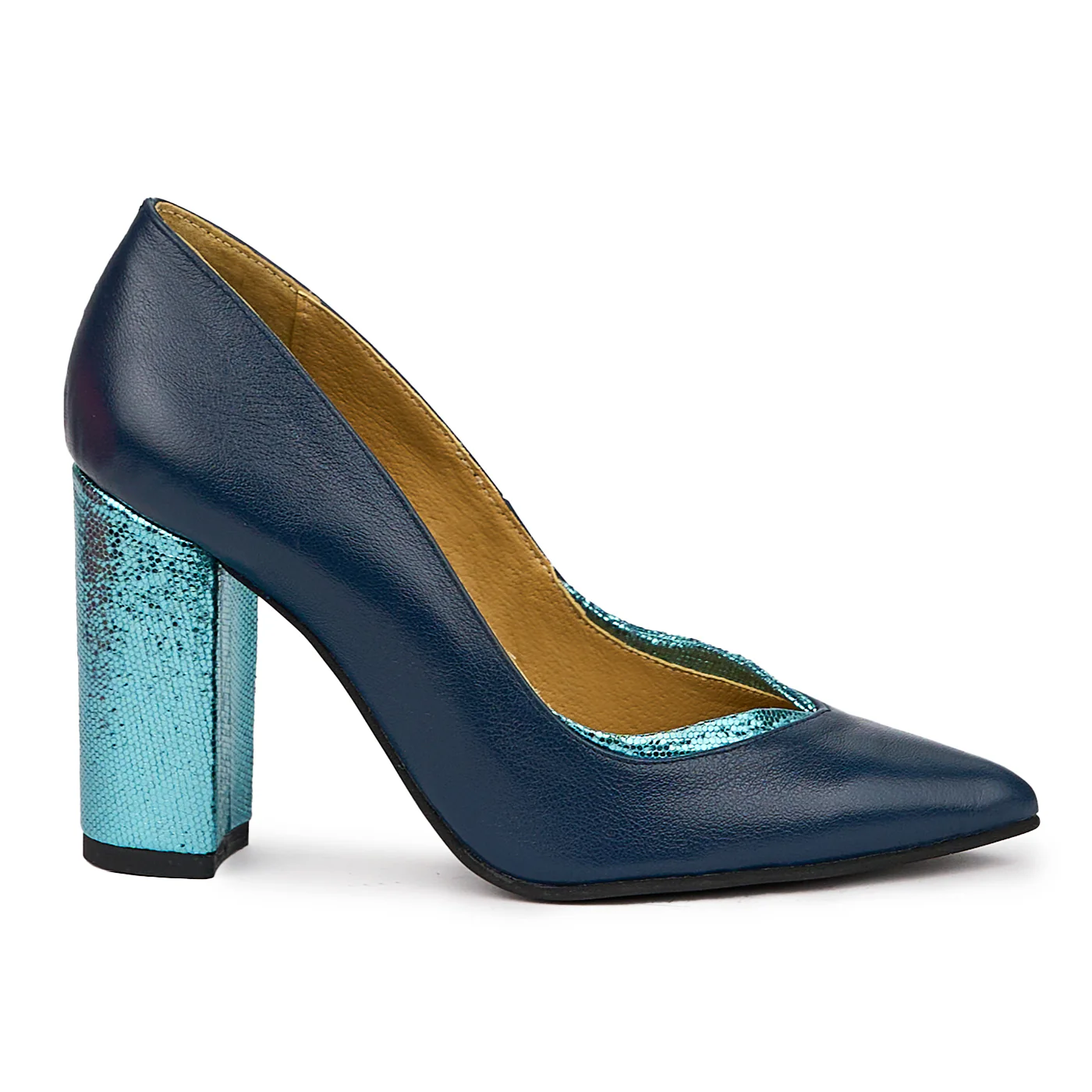 Pantofi dama din piele naturala bleumarin cu toc gros 9 cm 14415
