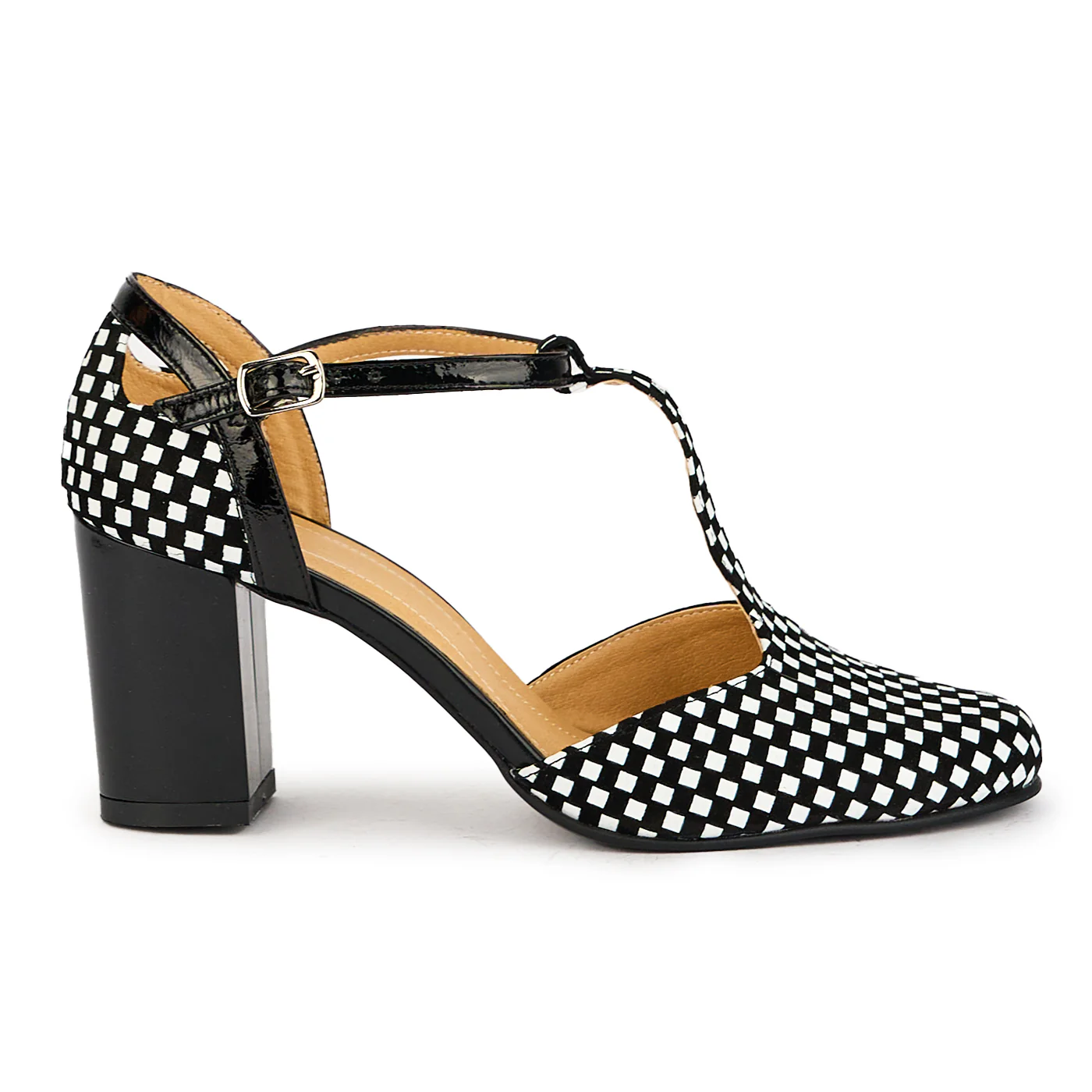 Pantofi dama din piele naturala carouri cu toc 7.5 cm 17396