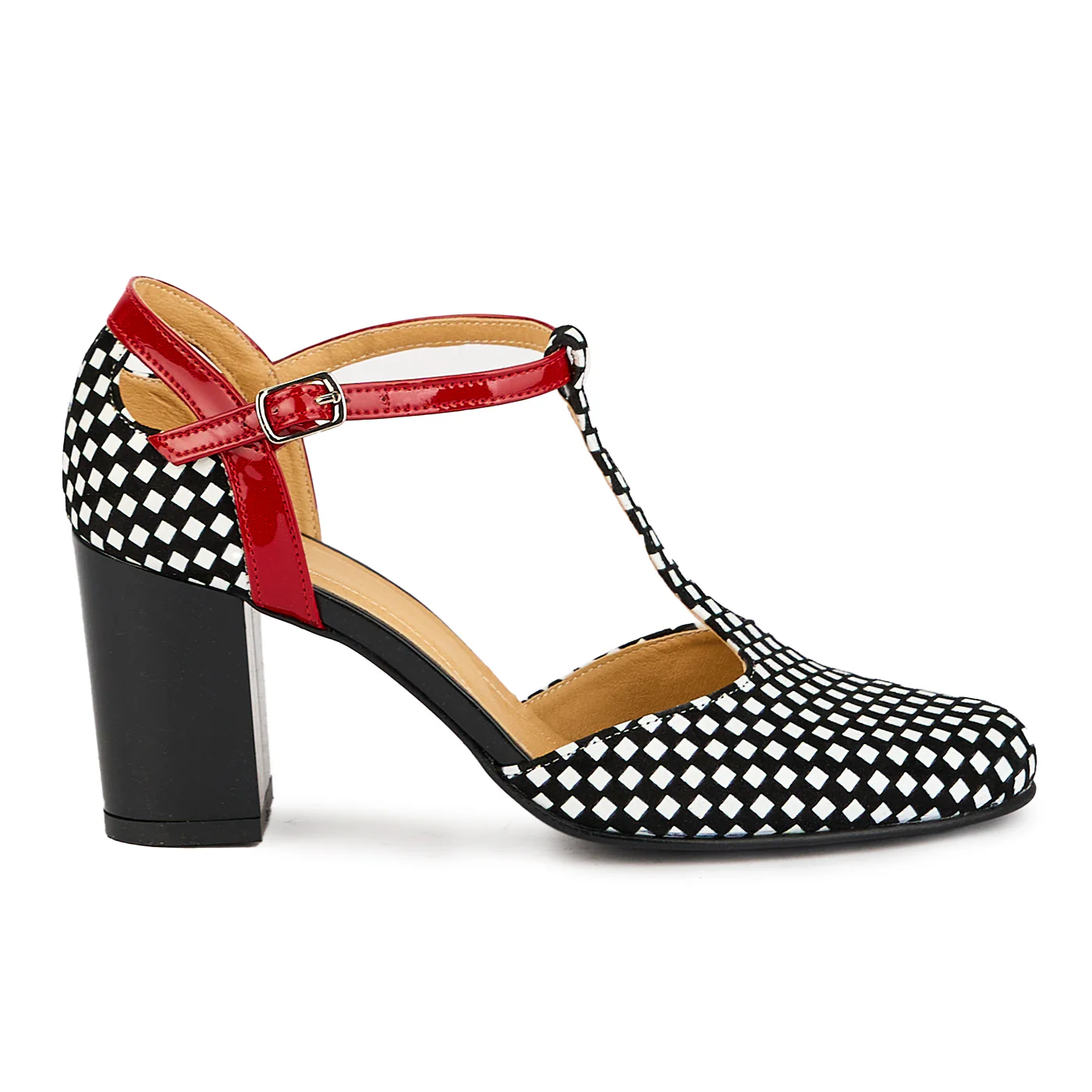 Pantofi dama din piele naturala carouri cu toc 7.5 cm 17398
