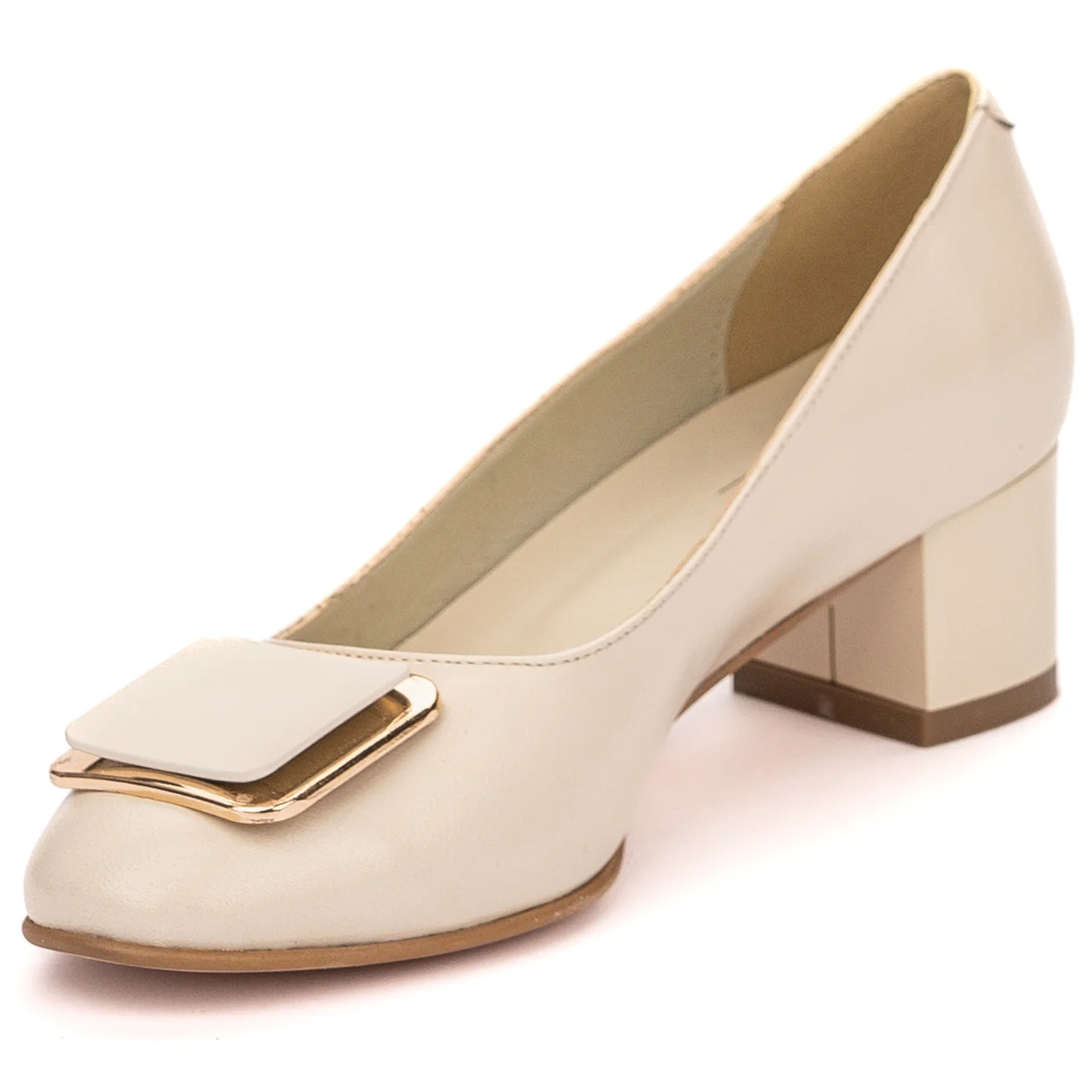 Pantofi dama din piele naturala crem cu toc gros 13582 - Image 3