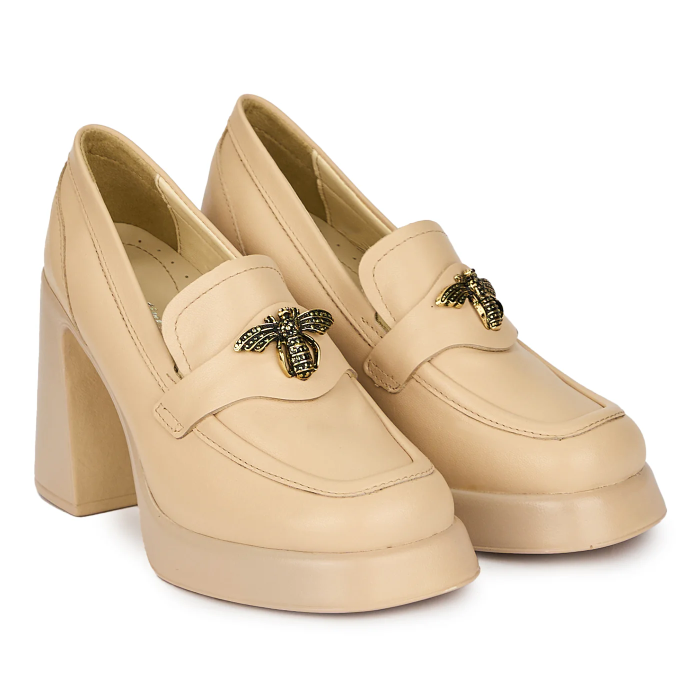 Pantofi dama din piele naturala crem cu toc gros 9,5 cm 17902 - Image 4