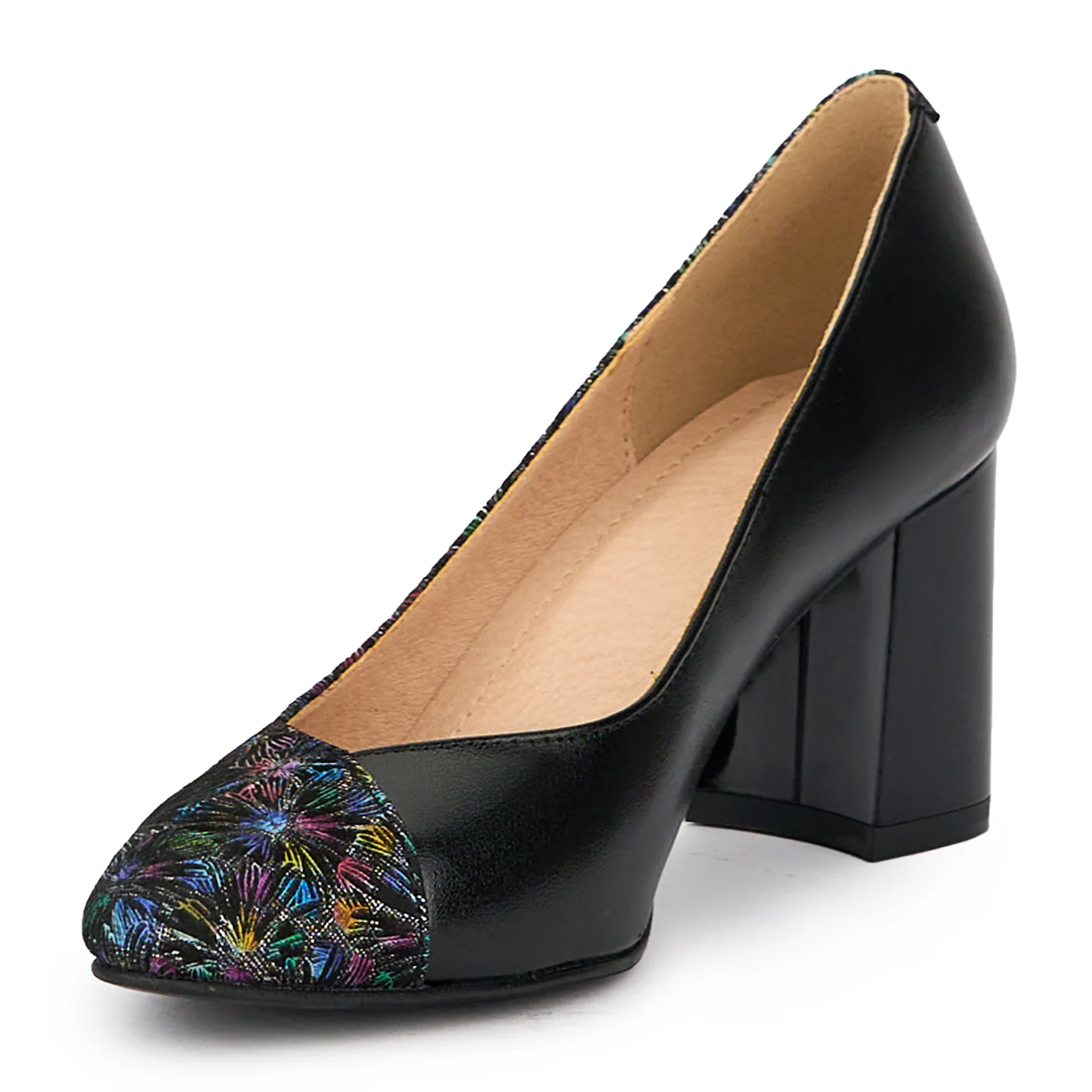 Pantofi dama din piele naturala cu model floral si toc gros 7.5 cm 15418 - Image 3