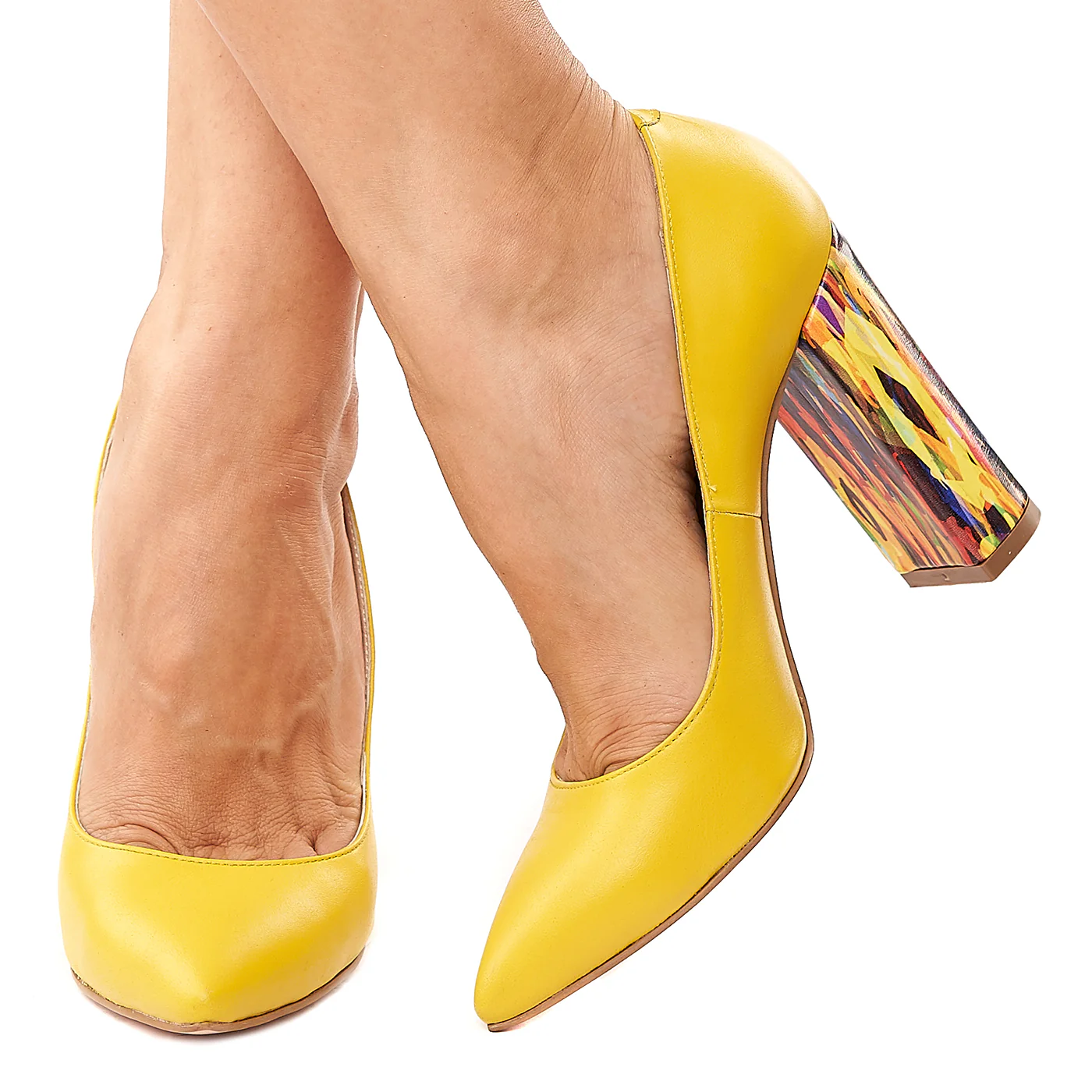 Pantofi dama din piele naturala galbena cu toc colorat 4206 - Image 3