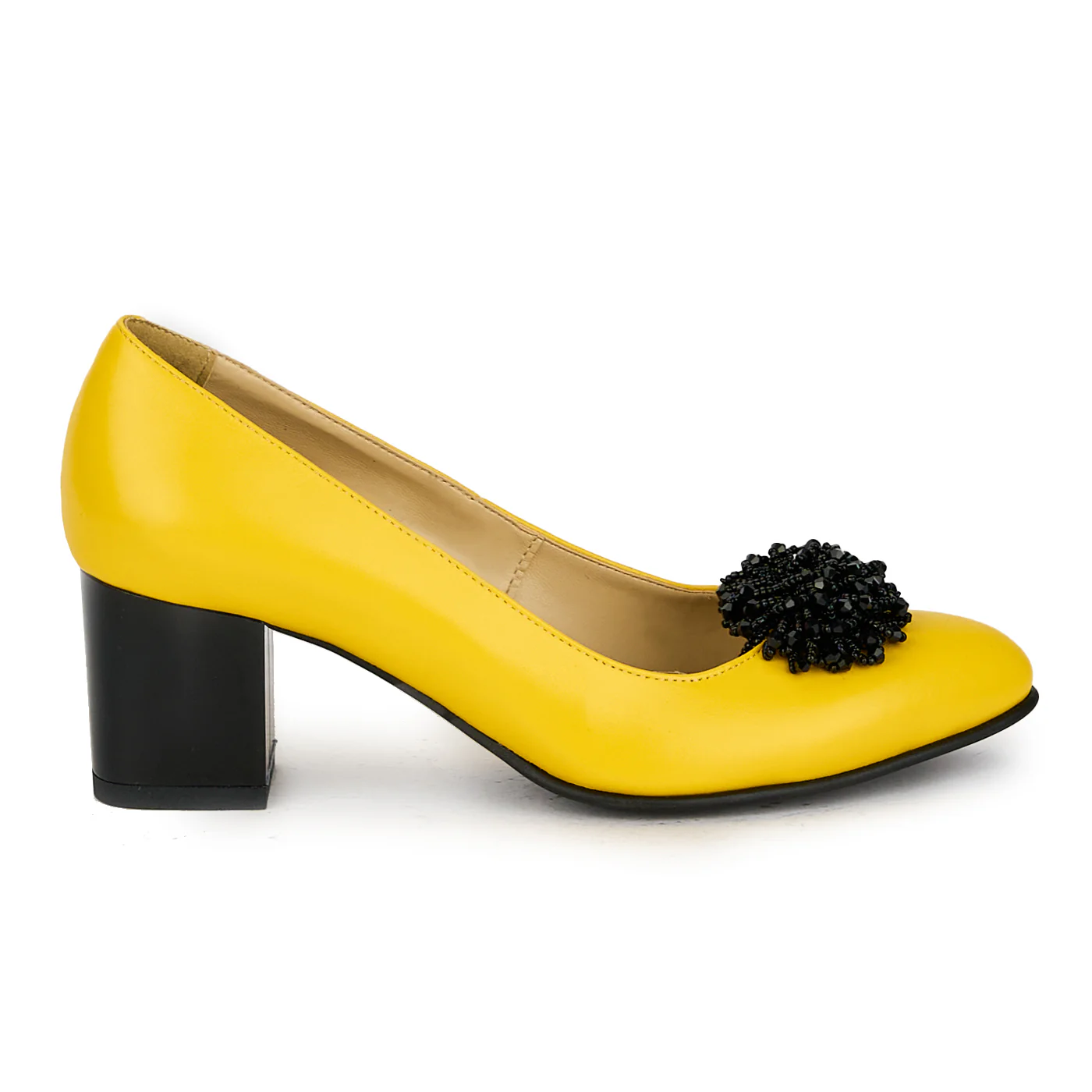 Pantofi dama din piele naturala galbena cu toc gros 17543