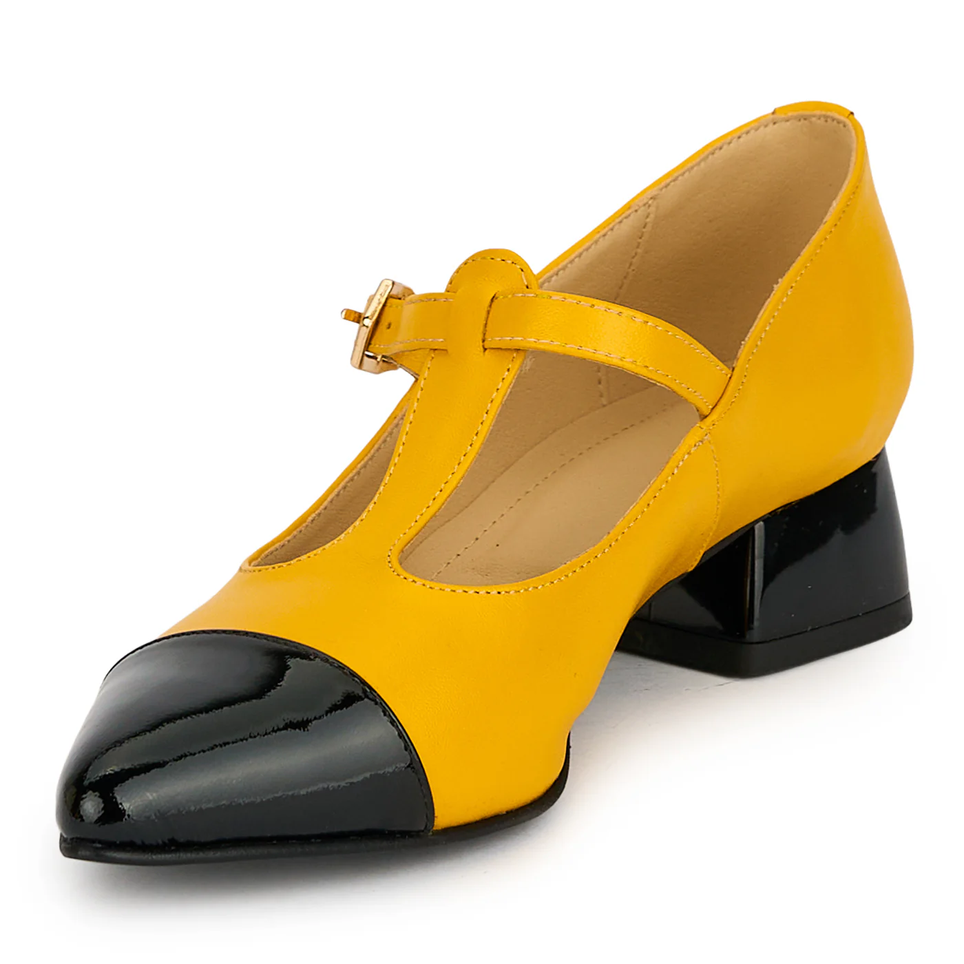 Pantofi dama din piele naturala galbena cu toc gros 3.5 cm 19302 - Image 3