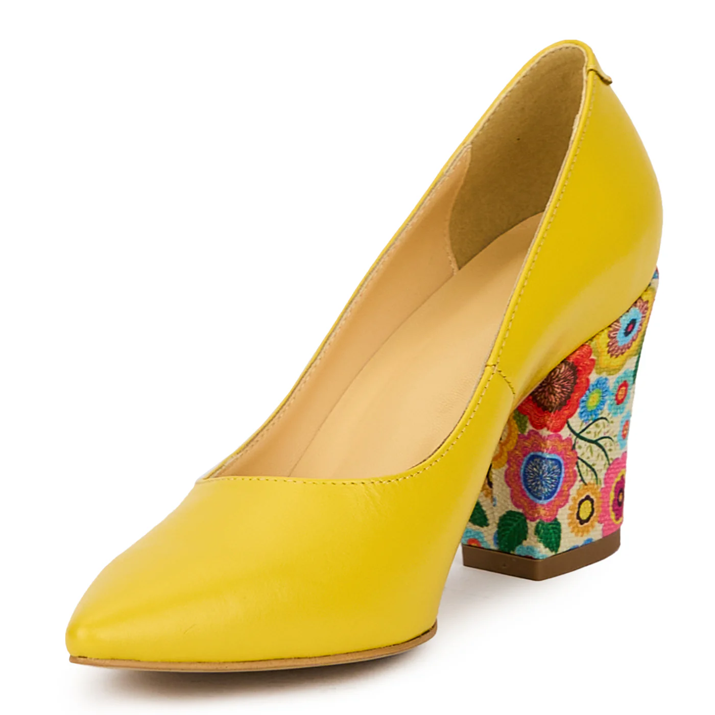 Pantofi dama din piele naturala galbena cu toc gros 6 cm 15557 - Image 3