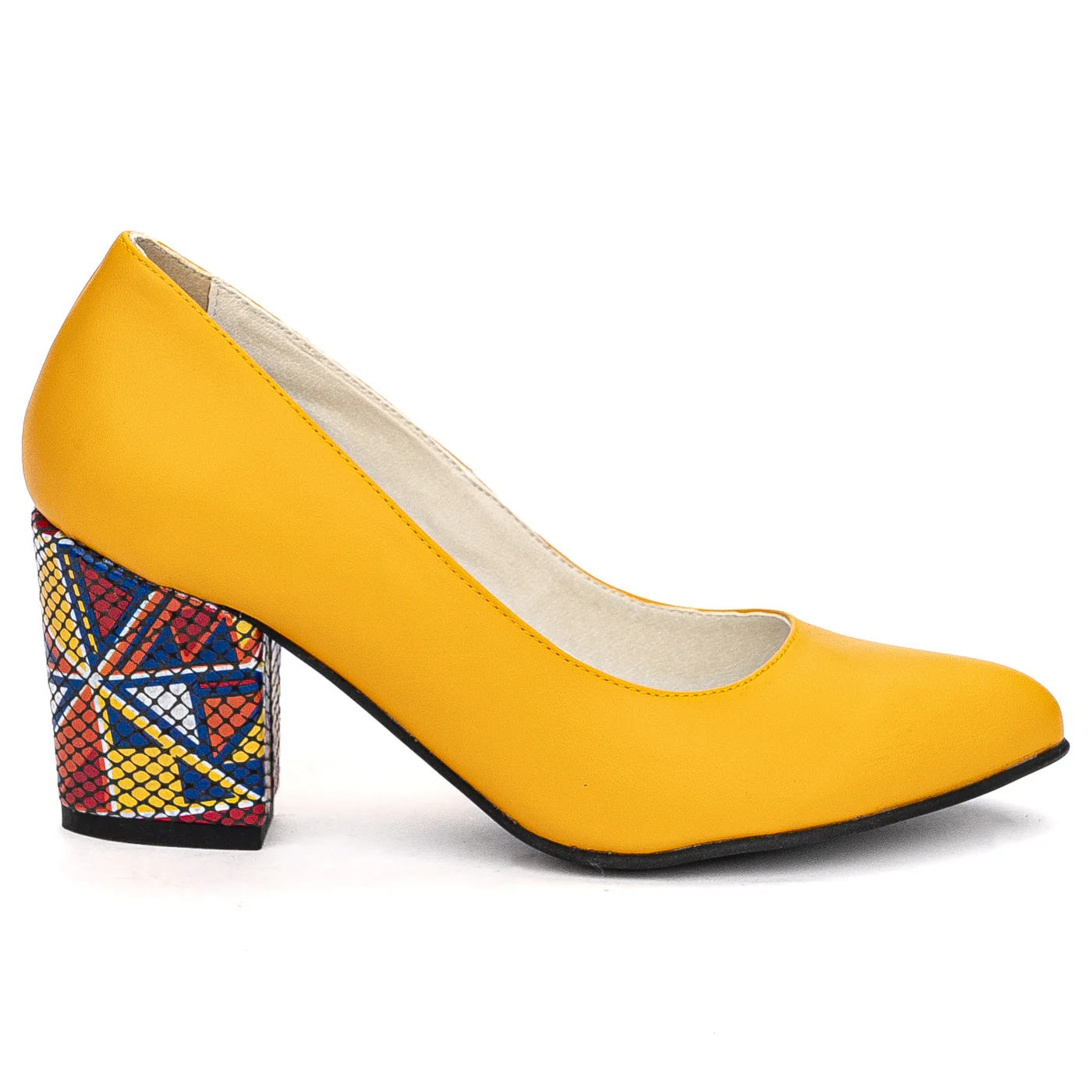 Pantofi dama din piele naturala galbena cu toc gros 7.5cm 13705