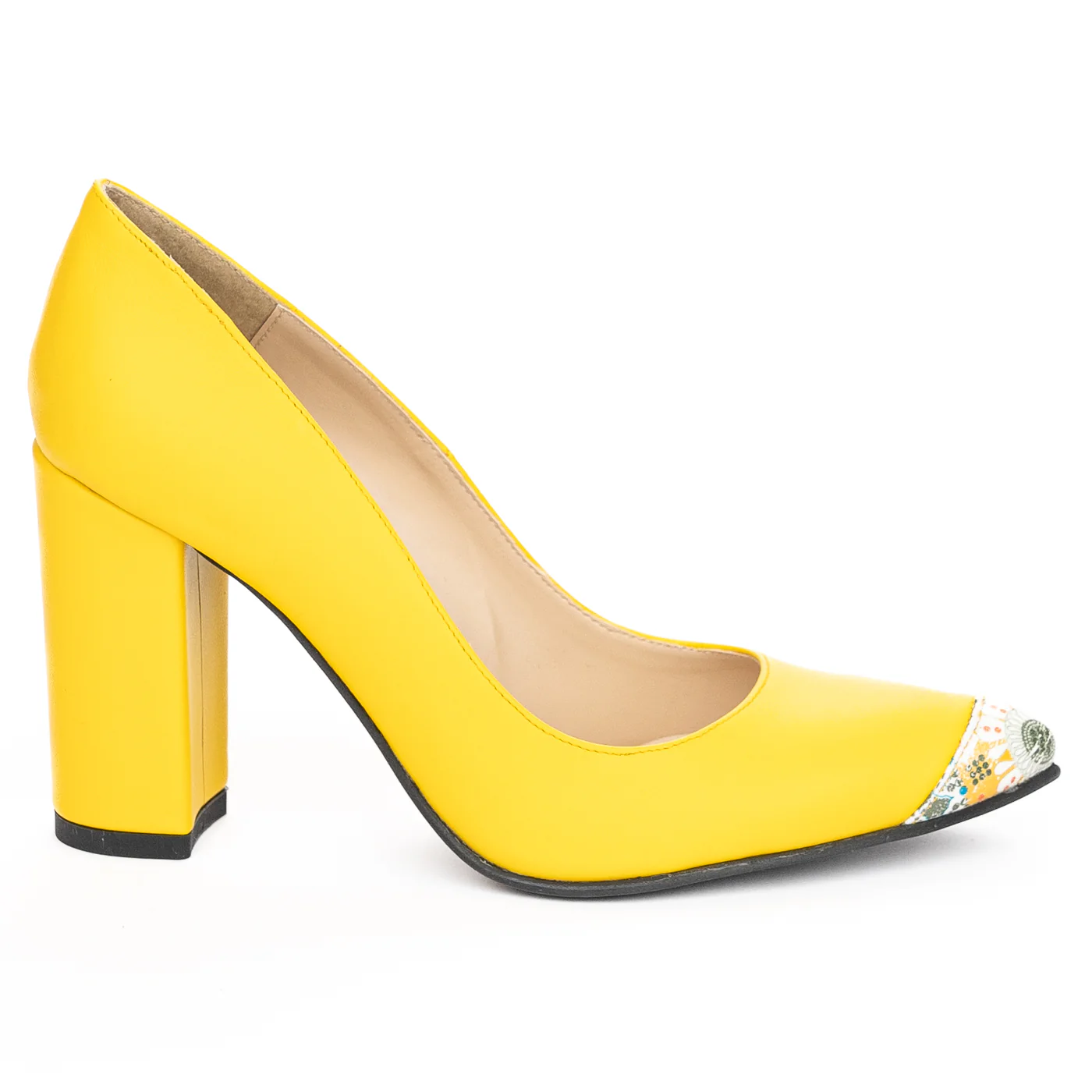 Pantofi dama din piele naturala galbena cu toc gros 9 cm 13924