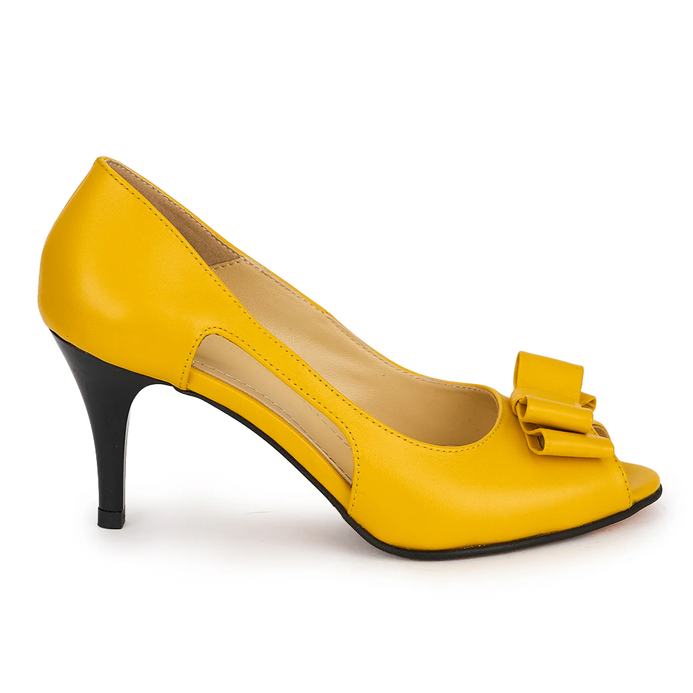 Pantofi damă din piele naturală galbena cu toc subtire 7.5 cm 19574