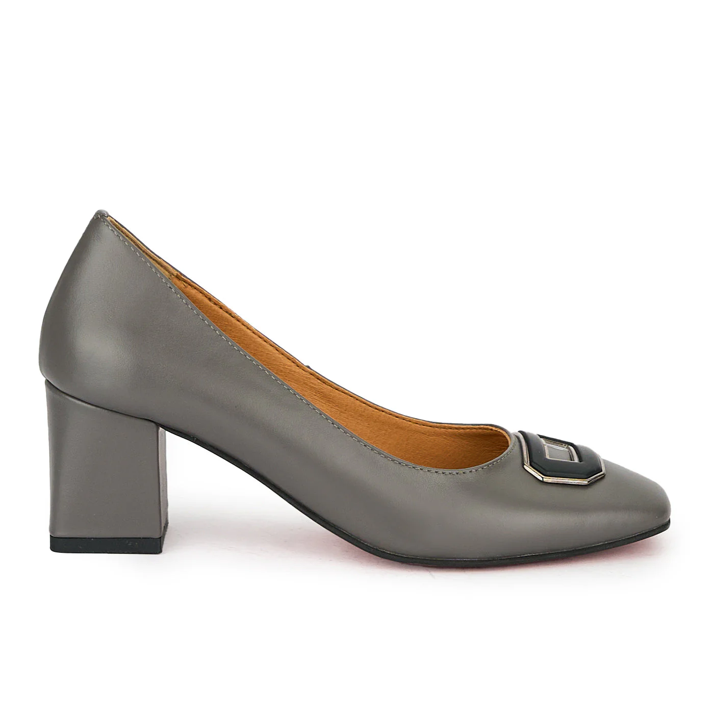 Pantofi dama din piele naturala gri cu toc gros 6.5 cm 17577