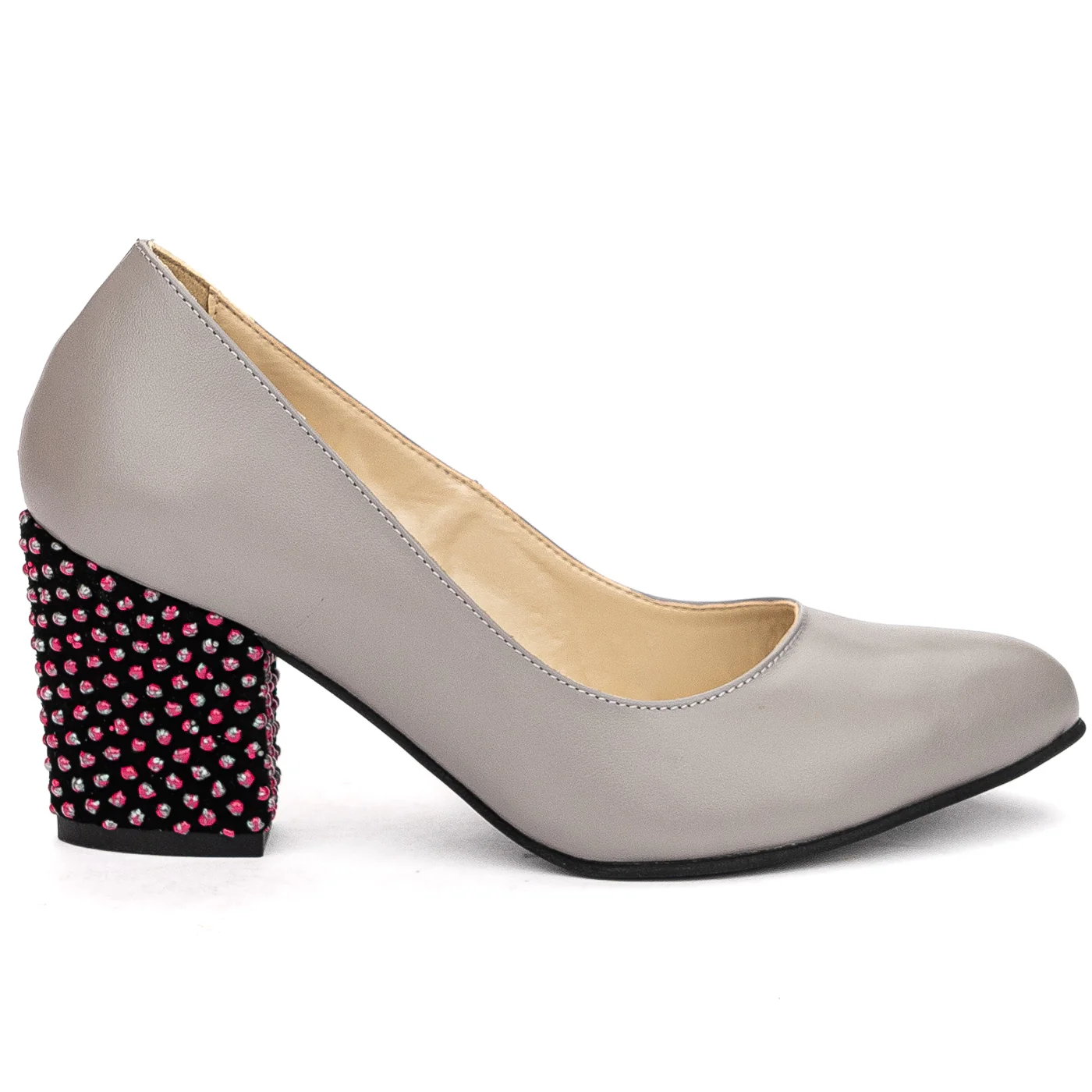 Pantofi dama din piele naturala gri cu toc gros 7.5cm 13702