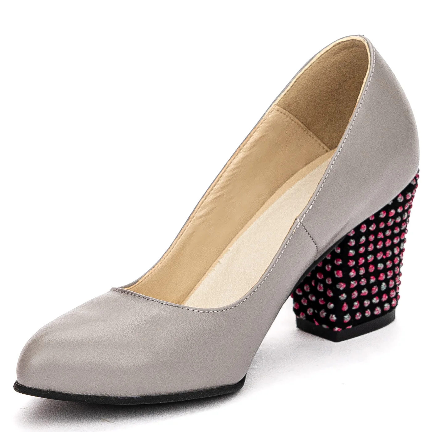 Pantofi dama din piele naturala gri cu toc gros 7.5cm 13702 - Image 3