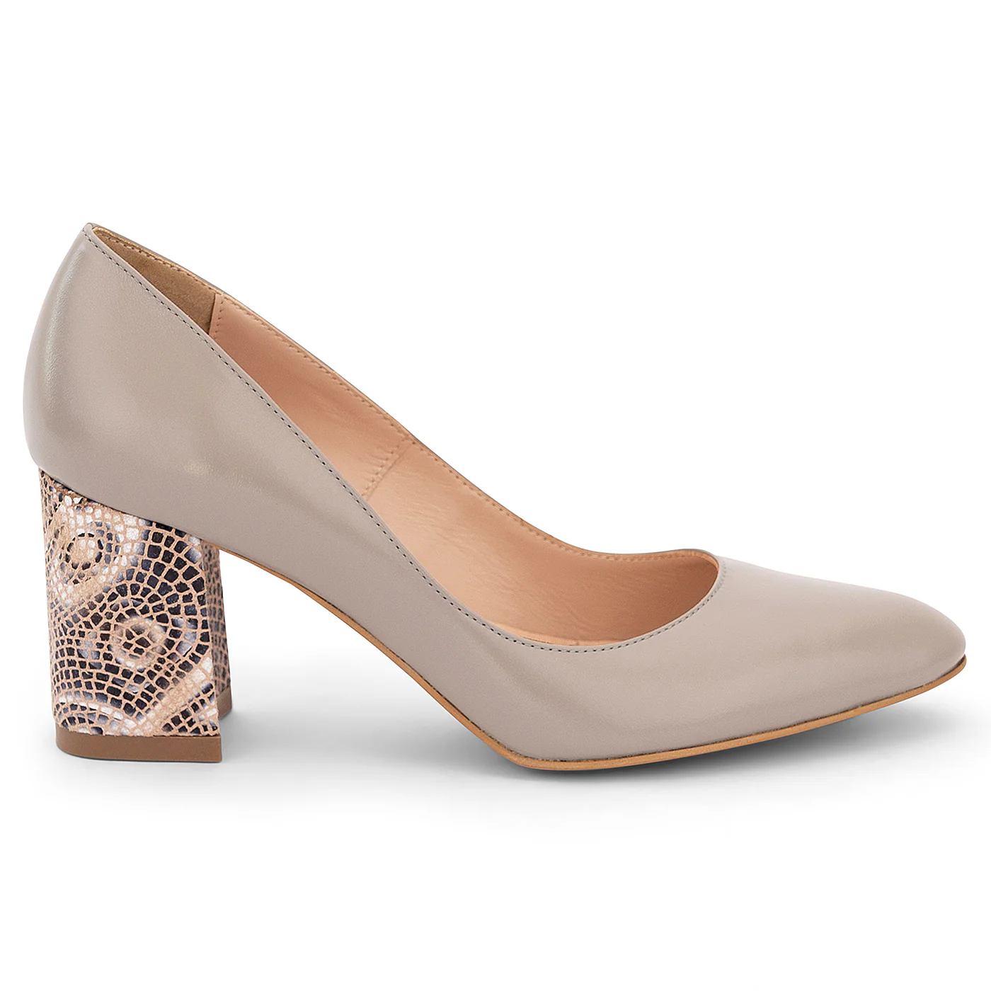 Pantofi dama din piele naturala gri cu toc gros 7 cm 14190