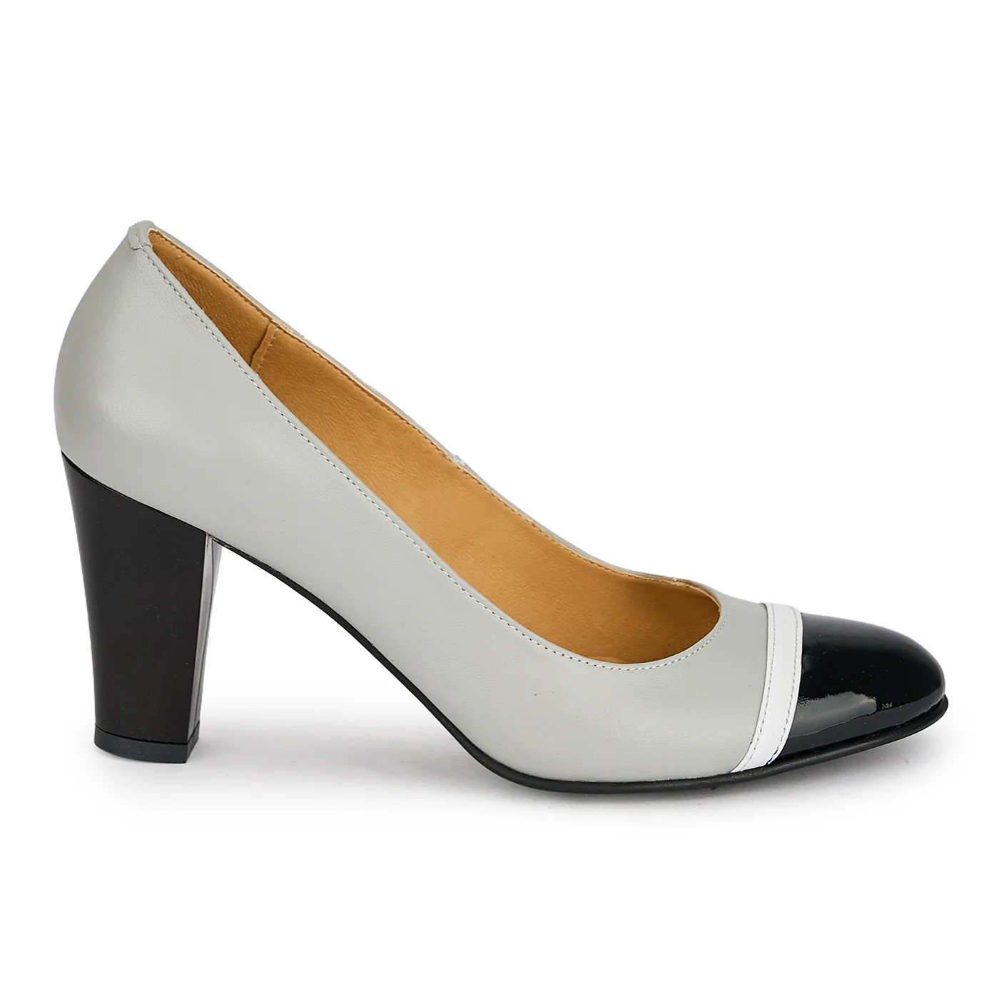 Pantofi dama din piele naturala gri cu toc gros 8 cm 19847