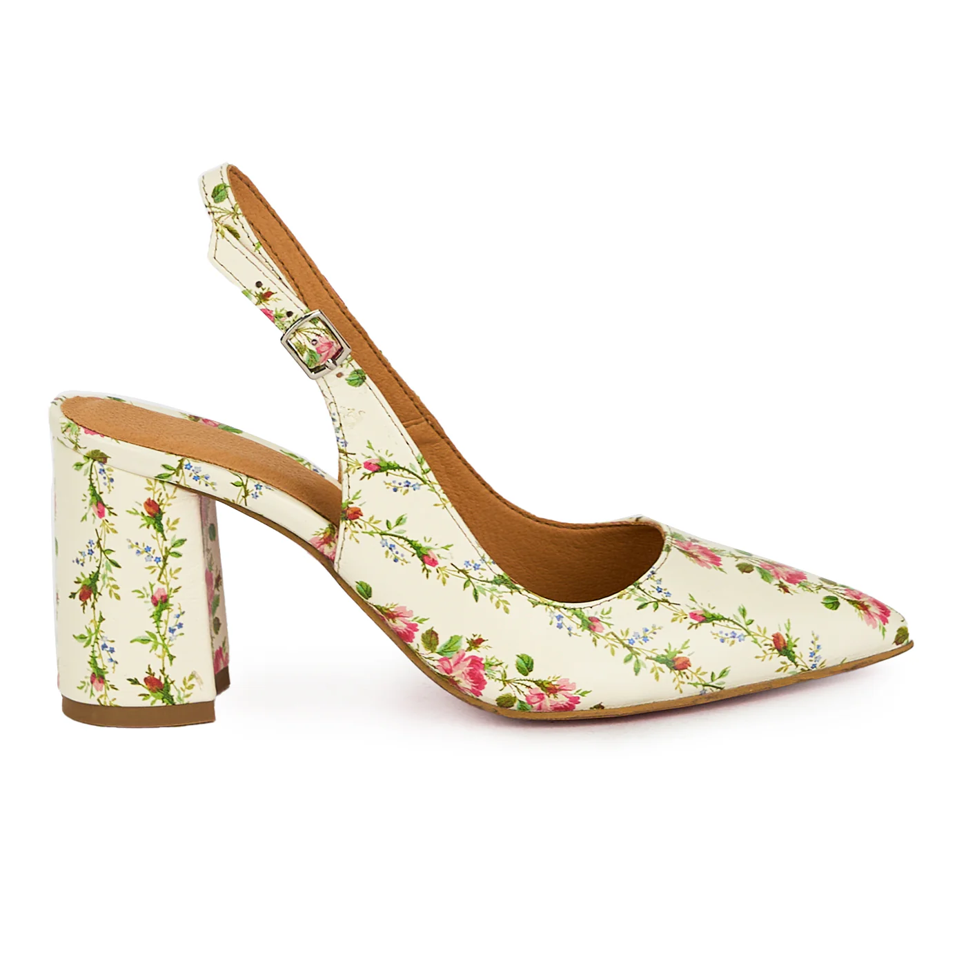 Pantofi dama din piele naturala, model inflorat cu toc gros 8 cm 17576