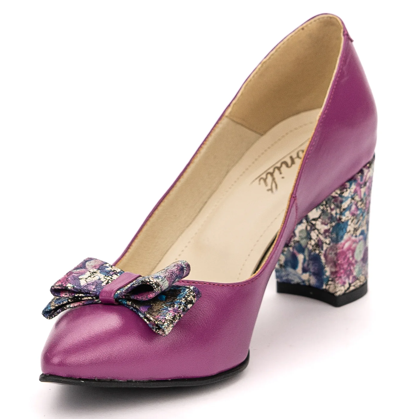 Pantofi dama din piele naturala mov cu toc gros 13592 - Image 3