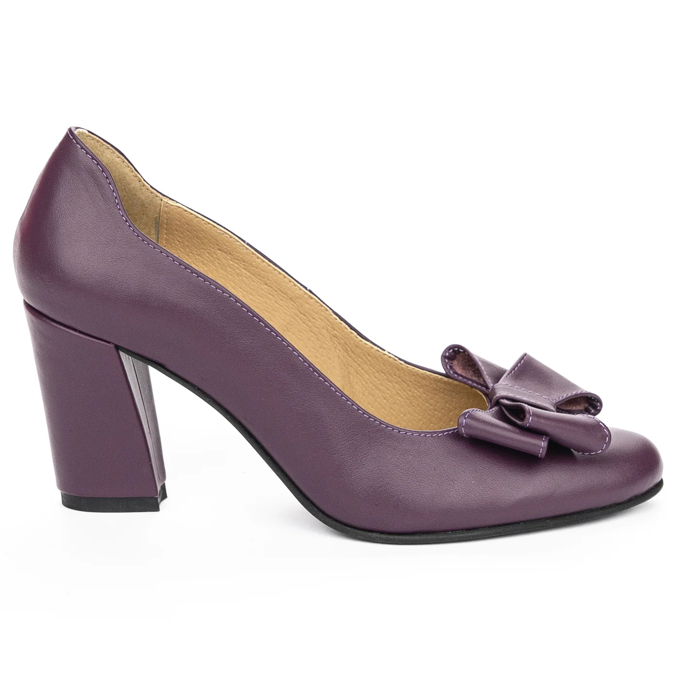 Pantofi dama din piele naturala mov cu toc gros 8 cm 13944