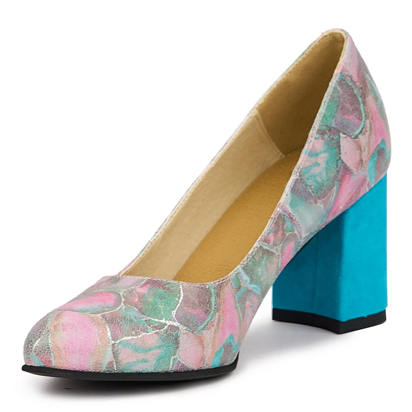 Pantofi dama din piele naturala multicolor cu toc gros 7.5 cm 14392 - Image 3