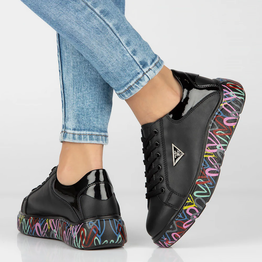 Pantofi sport dama cu talpa colorata din piele naturala neagra 13019 - Image 5