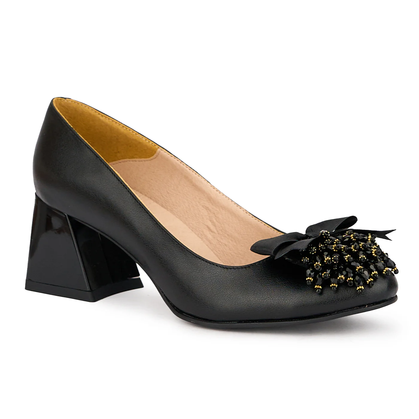 Pantofi dama din piele naturala neagra cu accesoriu si toc gros 6 cm 16361 - Image 3