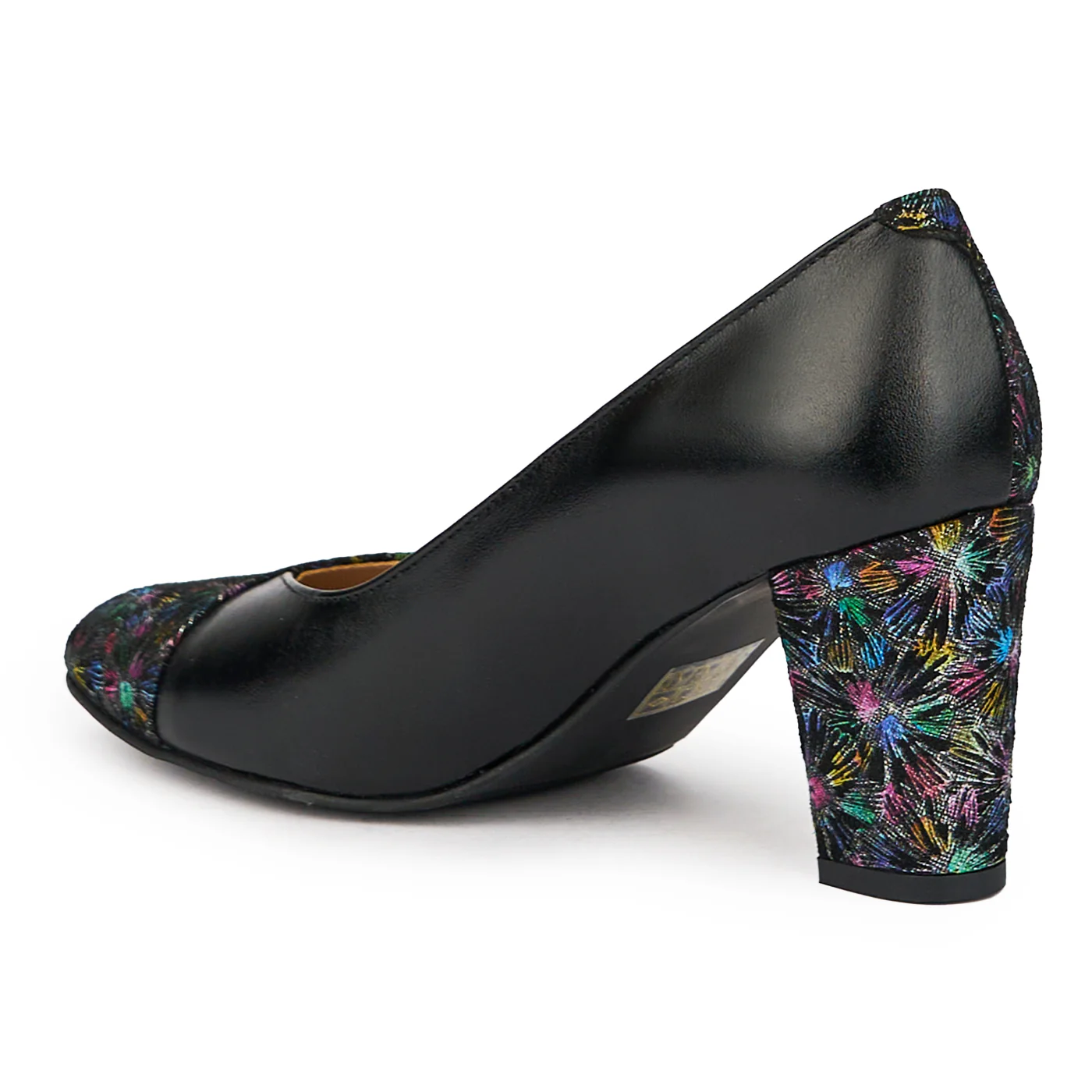Pantofi dama din piele naturala neagra cu model floral si toc gros 7.5 cm 15545 - Image 2