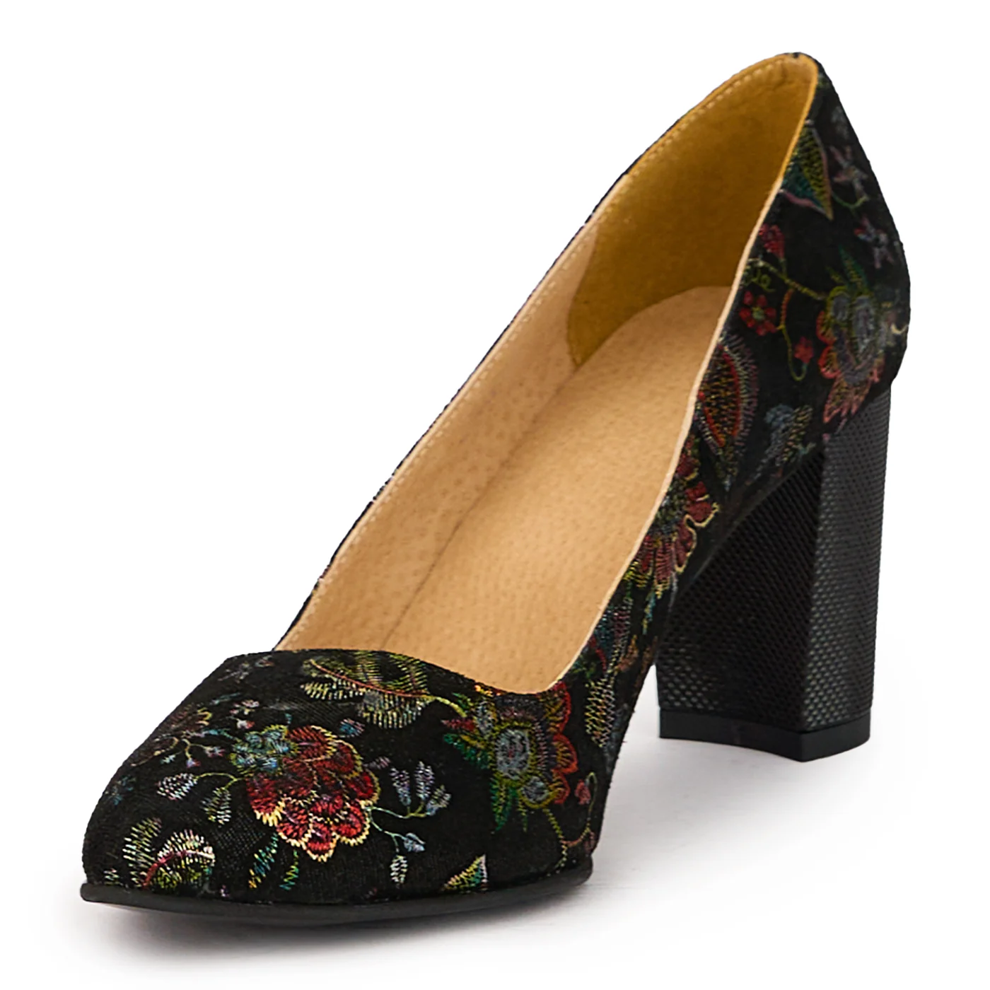 Pantofi dama din piele naturala neagra cu model floral si toc gros 7.5 cm 15977 - Image 3