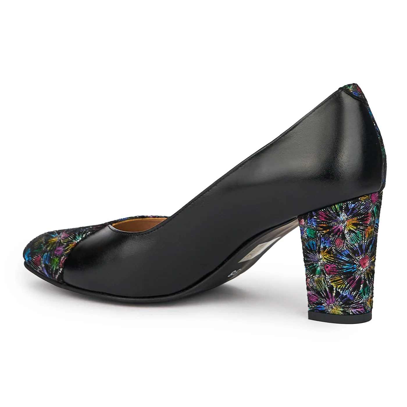 Pantofi dama din piele naturala neagra cu model floral si toc gros 8 cm 15518 - Image 2