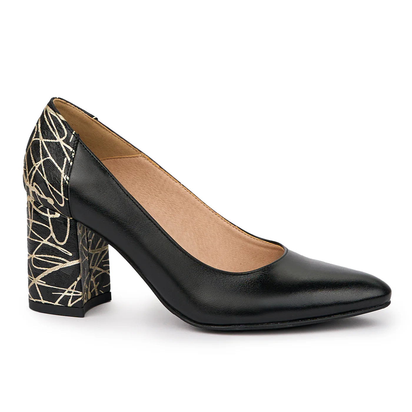 Pantofi dama din piele naturala neagra cu toc gros 7.5 cm 14334
