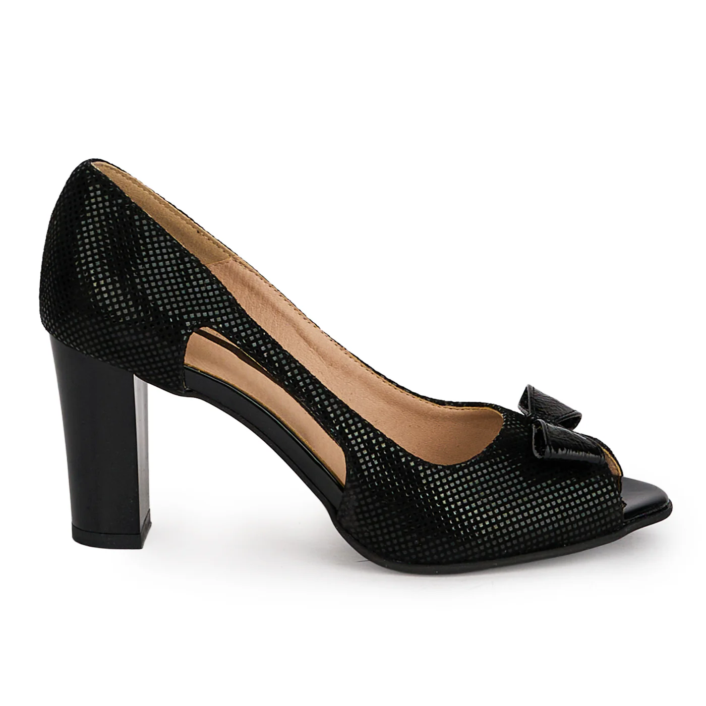 Pantofi dama din piele naturala neagra cu toc gros 7.5 cm 18678