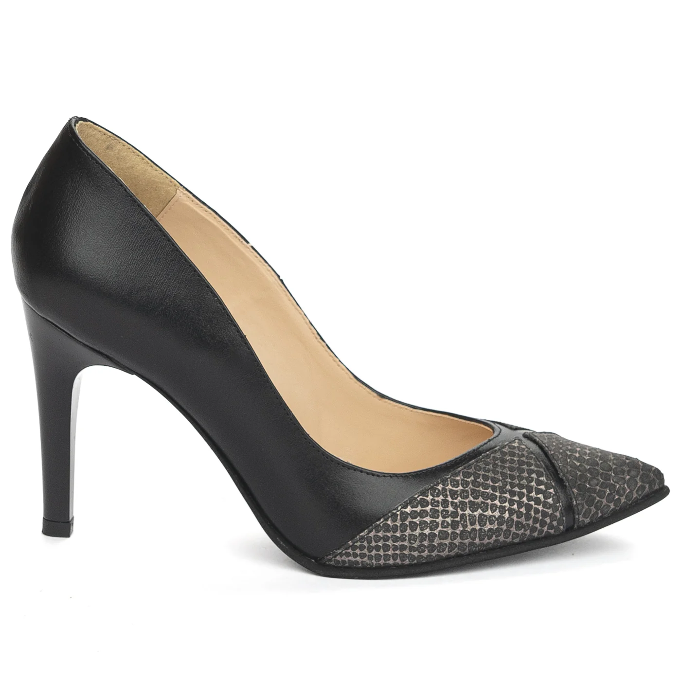 Pantofi dama din piele naturala neagra cu toc subtire 9 cm 13888