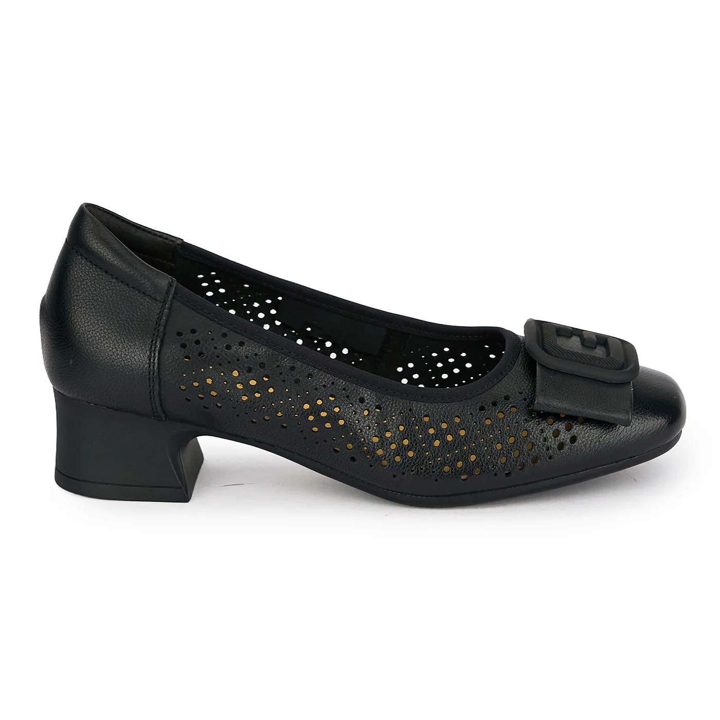 Pantofi dama din piele naturala neagra perforata cu toc gros 3.5 cm 19590