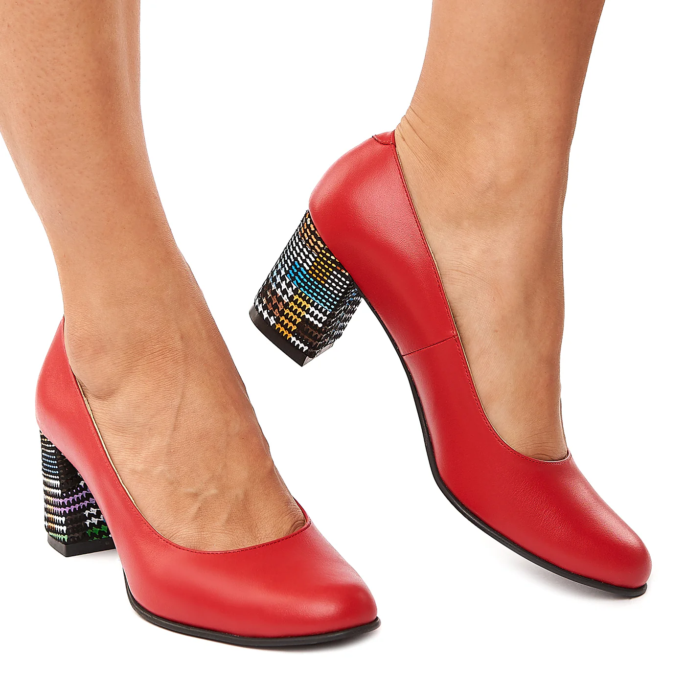 Pantofi dama din piele naturala rosie cu toc colorat 4185 - Image 2