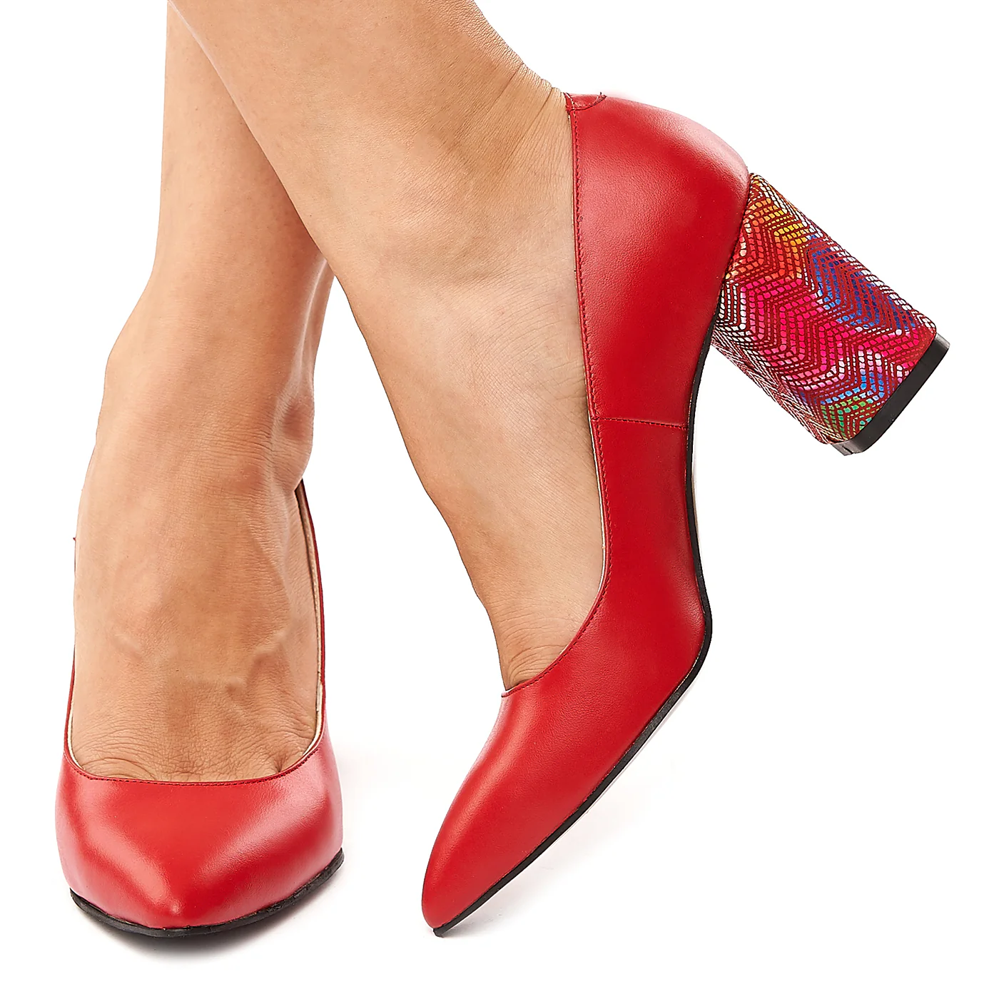 Pantofi dama din piele naturala rosie cu toc colorat 4201 - Image 3