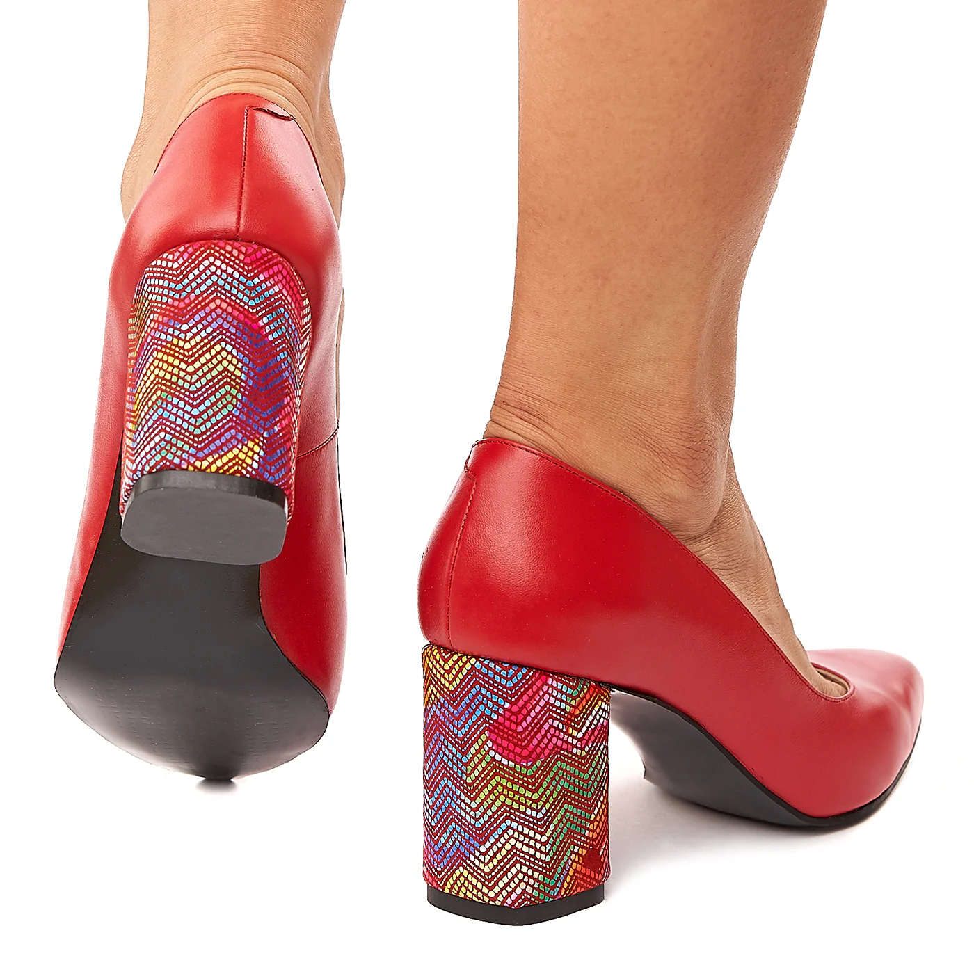 Pantofi dama din piele naturala rosie cu toc colorat 4201 - Image 4