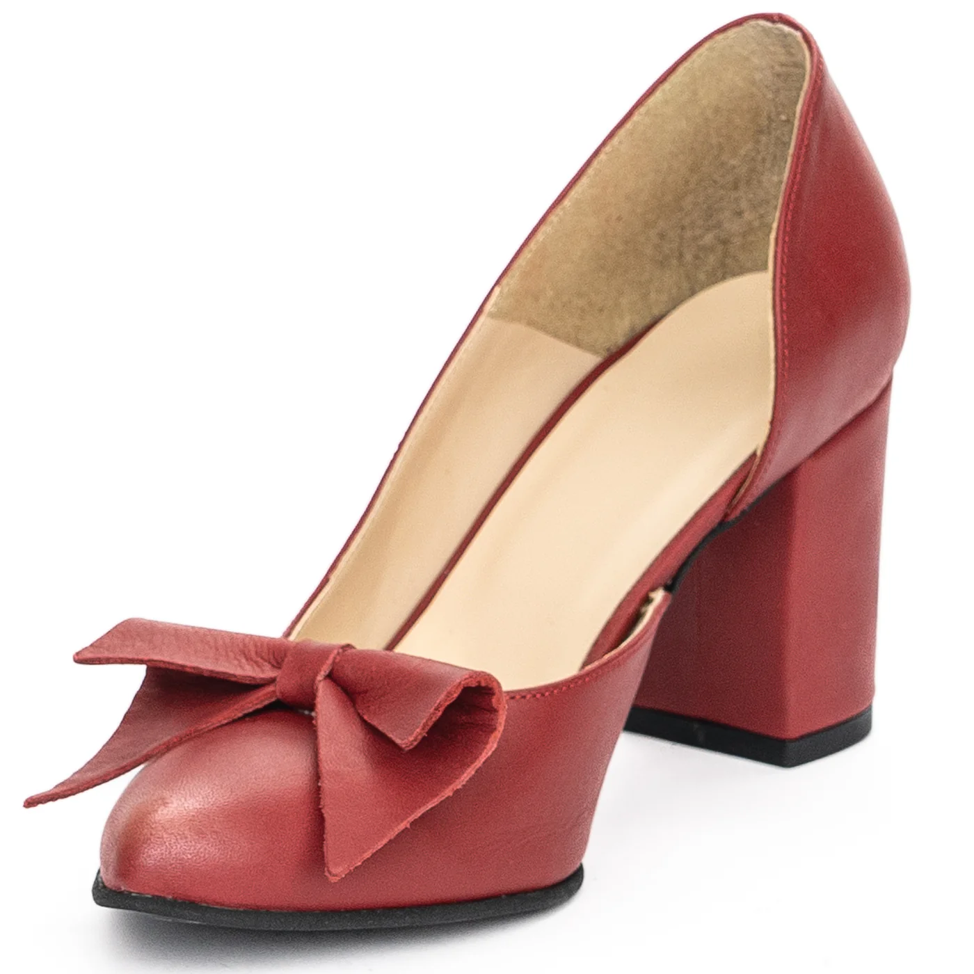 Pantofi dama din piele naturala rosie cu toc gros 7.5 cm 13951 - Image 3