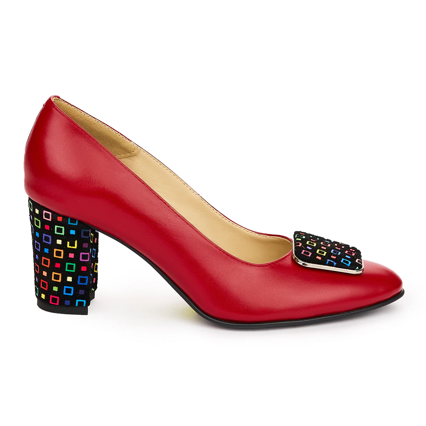 Pantofi dama din piele naturala rosie cu toc gros 7 cm 13807
