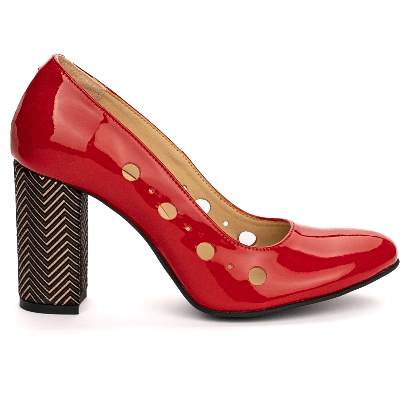Pantofi dama din piele naturala rosie cu toc gros 9 cm 13509