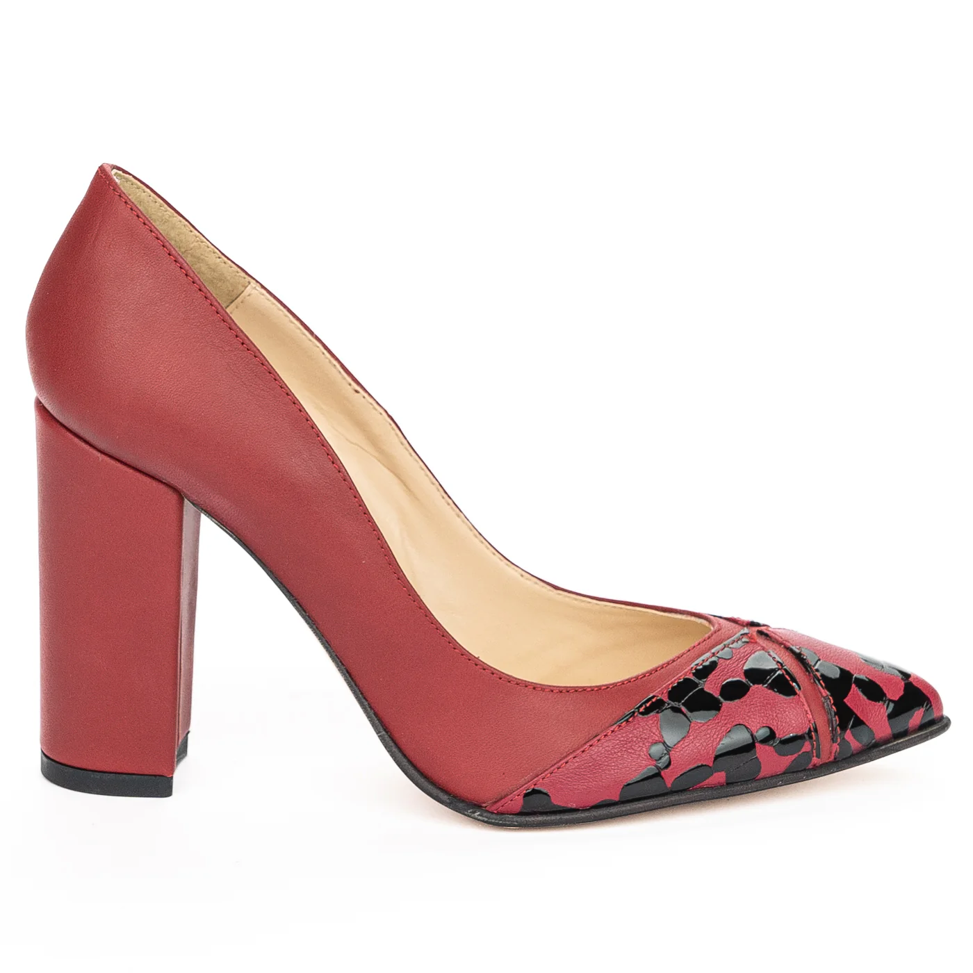 Pantofi dama din piele naturala rosu cu toc gros 9.5 cm 13919