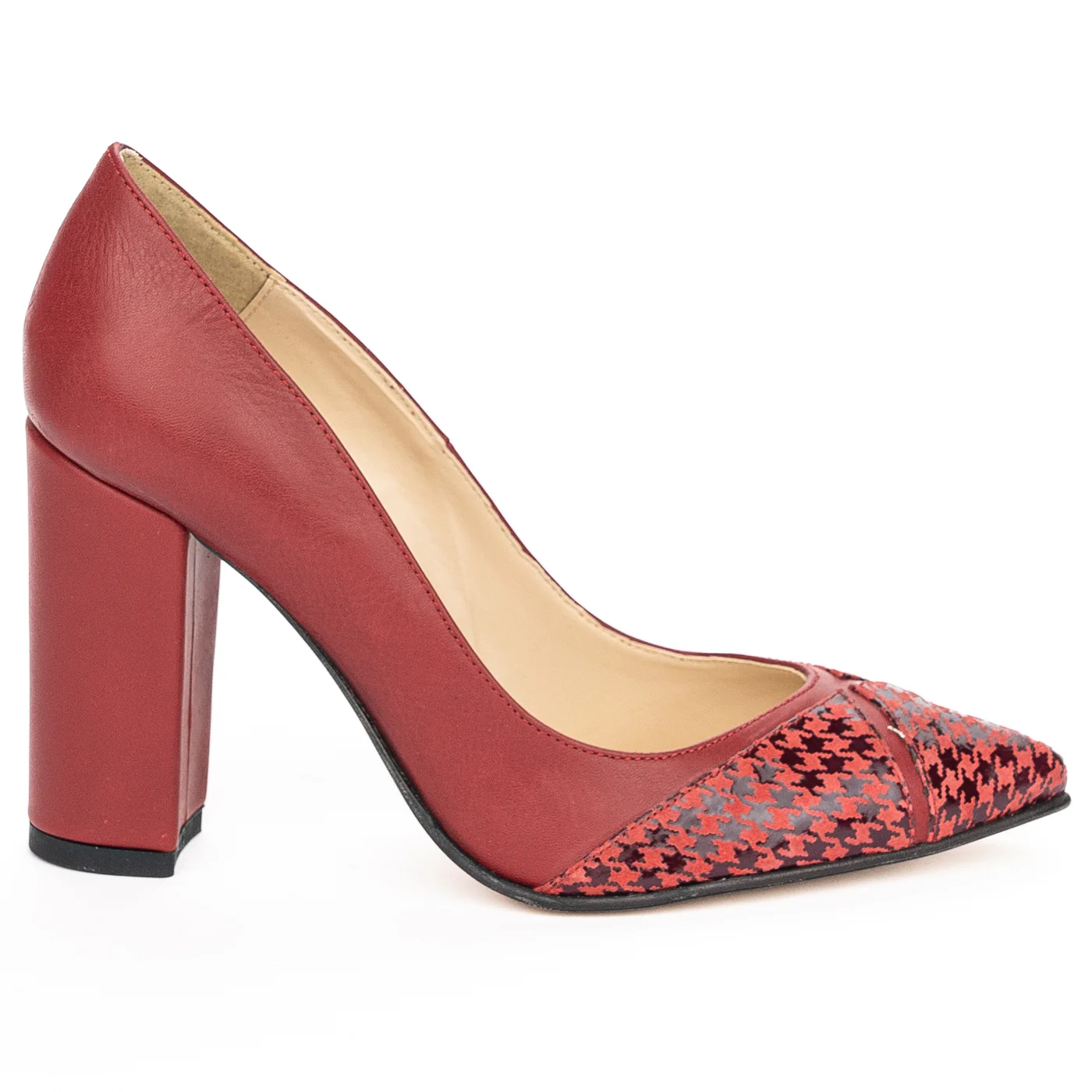 Pantofi dama din piele naturala rosu cu toc gros 9.5 cm 13933