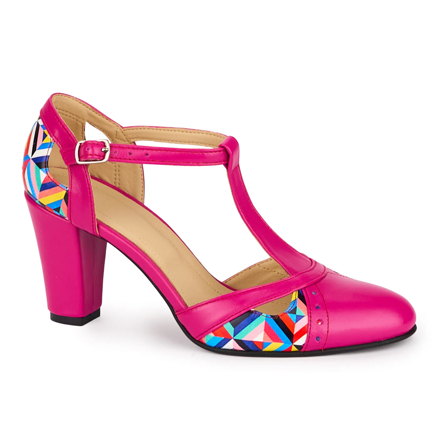Pantofi dama din piele naturala roz cu toc gros 8 cm 18598